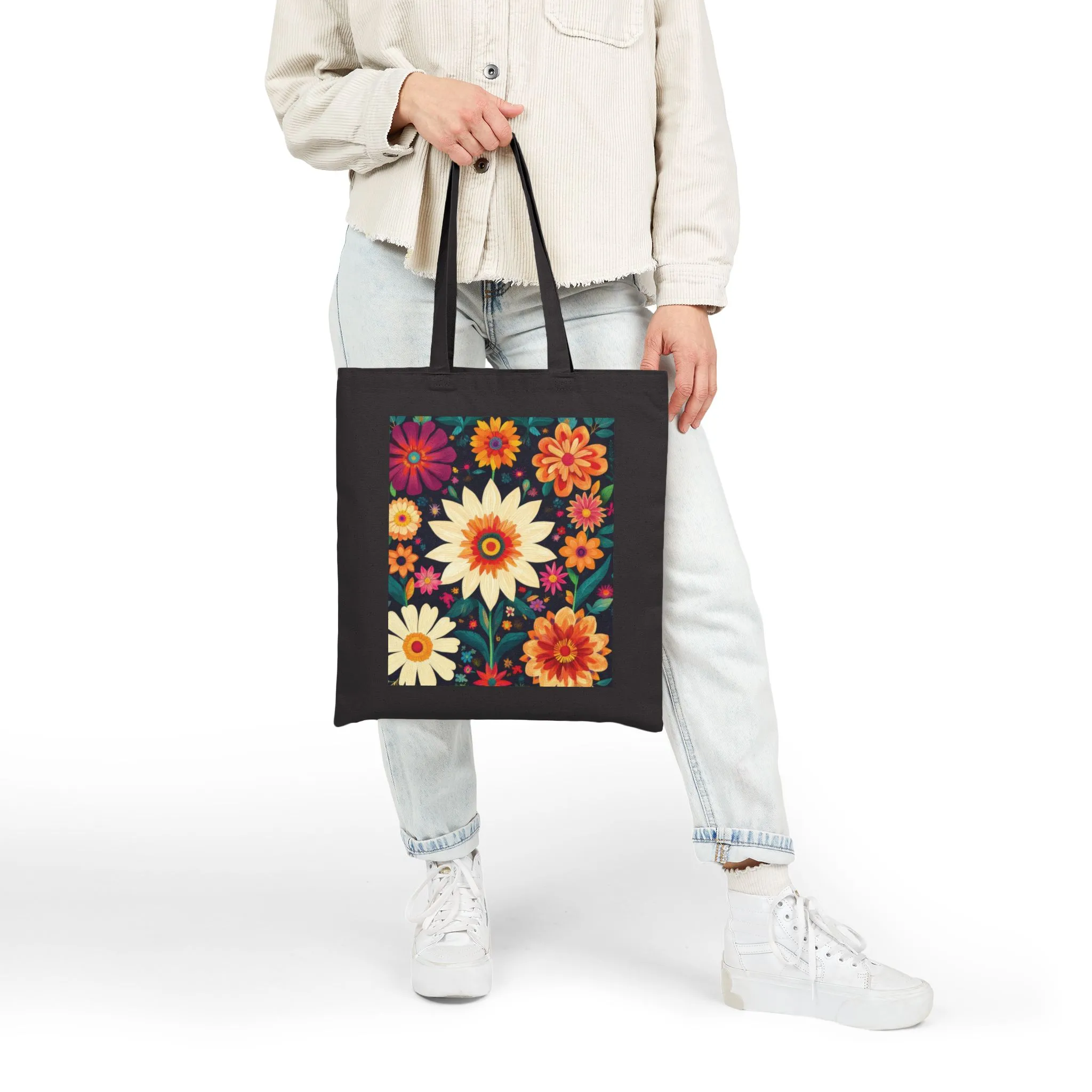 Floral Cotton Canvas Tote Bag, Eco-Friendly Shopping Bag, Reusable Grocery Tote, Boho Chic Gift, Market Bag with Flower Design