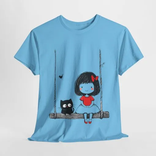 Cute Cat & Girl Graphic Tee, Playful Gift for Cat Lovers, Cat and Girl Design, Gift for Cat Owners, Women's Cotton T-Shirt - Image 15