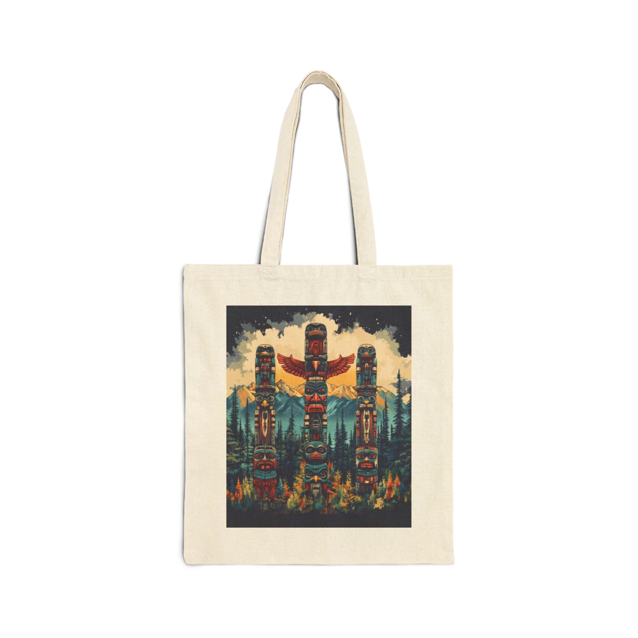 Totem Pole Canvas Tote Bag, Eco-Friendly Shopping Bag, Gift for Nature Lovers, Beach Tote, Reusable Grocery Bag, Boho Art