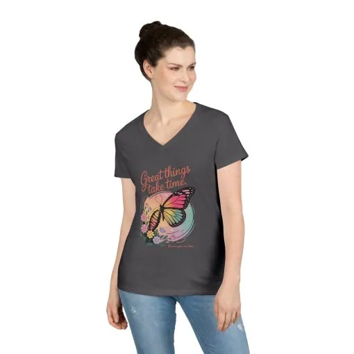 Inspiring Ladies' V-Neck T-Shirt, Great Things Take Time Butterfly Design, Relaxation, Motivation, Nature, Motivational Women's Tee - Image 20