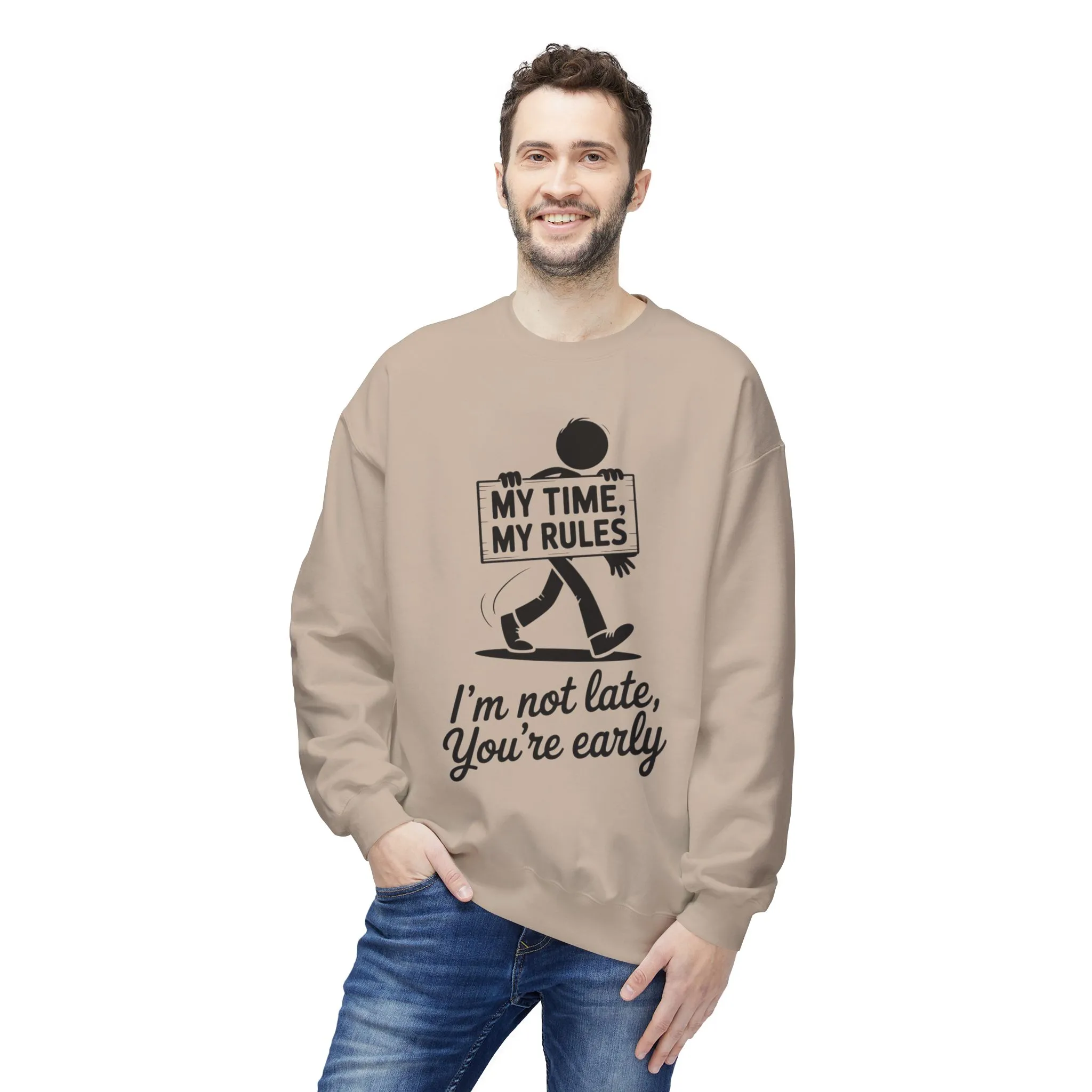Casual Men's Crewneck Sweatshirt, Funny Sweatshirt for Men, Perfect Gift for Friends, My Time My Rules Design, Time Management Humor - Image 3