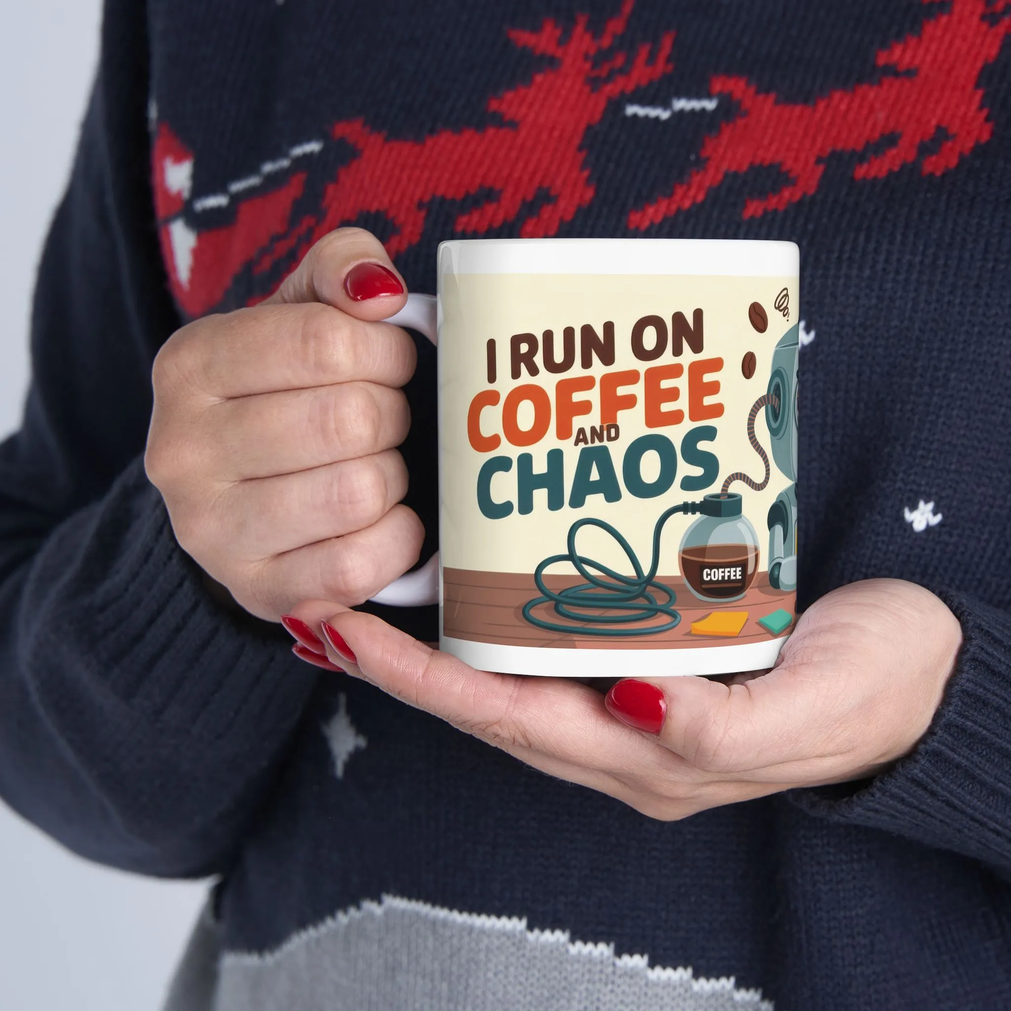 Funny Robot Coffee Mug, I Run on Coffee and Chaos, Tired Office Humor Cup, Lazy Tech Lover Gift, Gift for Coffee Lovers, Office Humor - Image 7