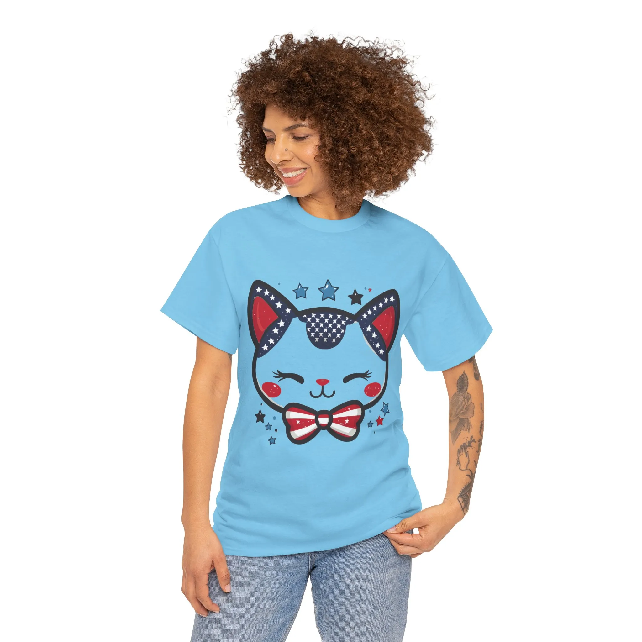 Cute Patriotic Cat Tee, Women's Heavy Cotton Shirt for Cat Lovers, Fourth of July T-Shirt, Fun Gift for Pet Owners, Summer Casual Wear - Image 14