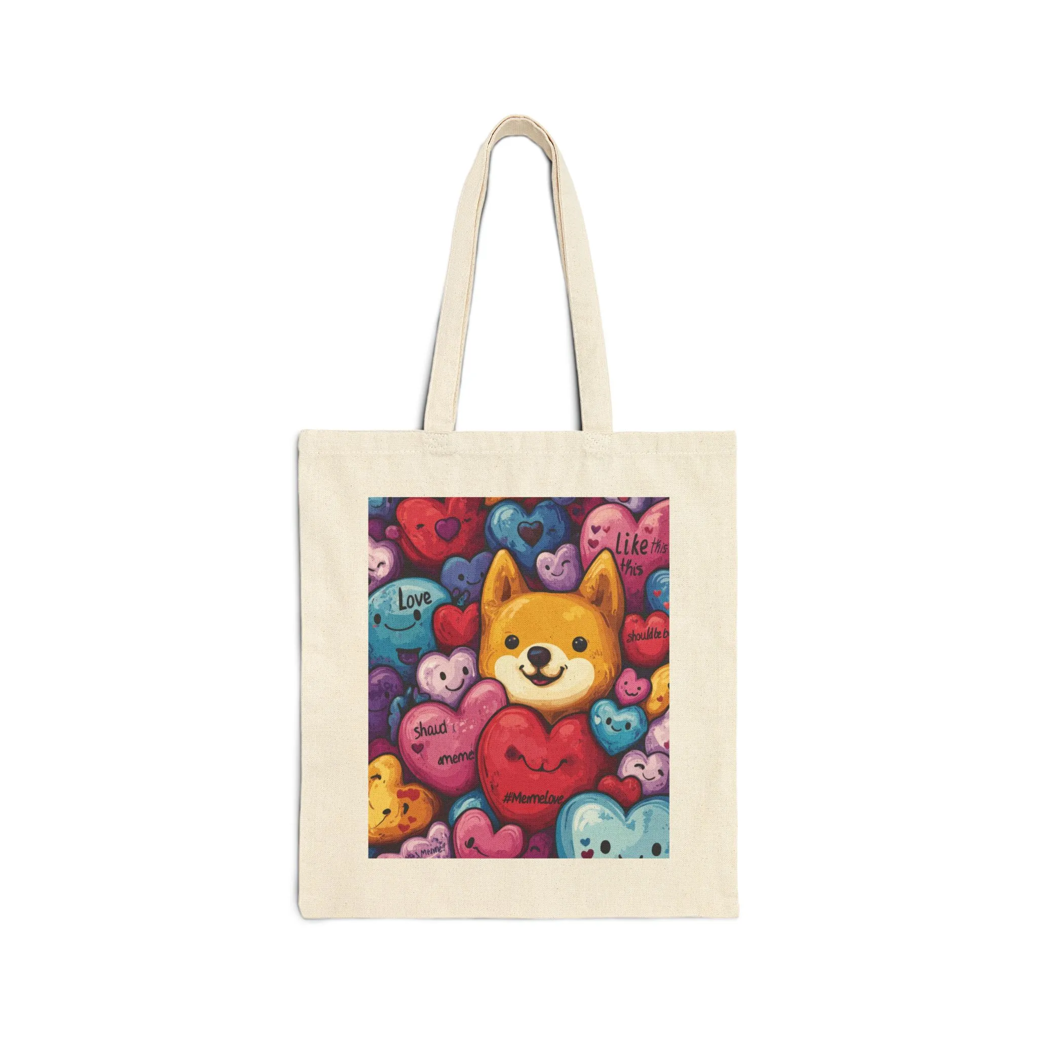 Cute Shiba Inu Heart Tote Bag, Kawaii Dog Meme Canvas Bag, Colorful Cartoon Love Shopper Gift for Dog Lovers & Valentine's Day - Image 2