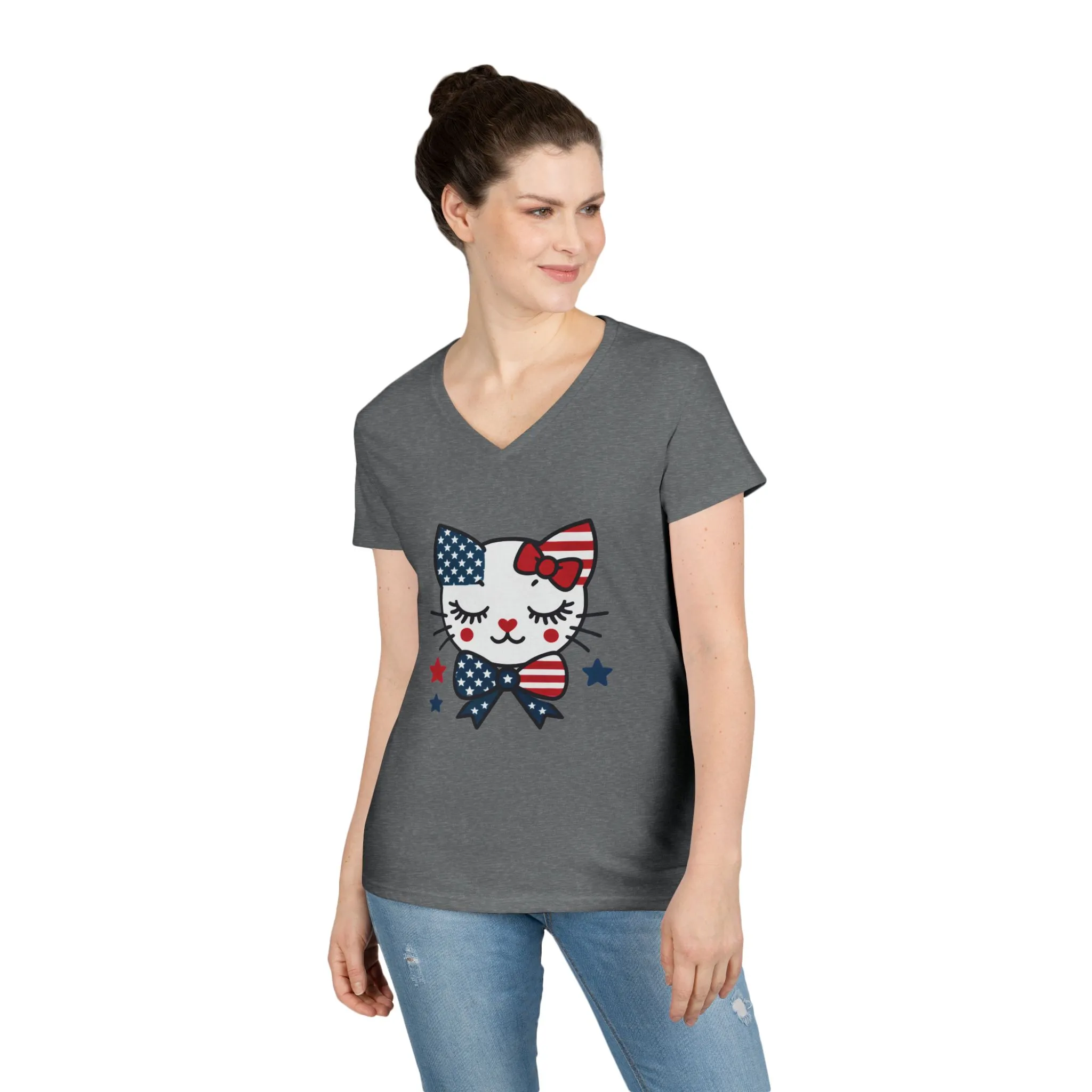 Patriotic Cat Ladies' V-Neck T-Shirt, Cute Tee, July 4th Top, Independence Day Shirt, Gift for Cat Lovers, Casual Summer Wear - Image 12