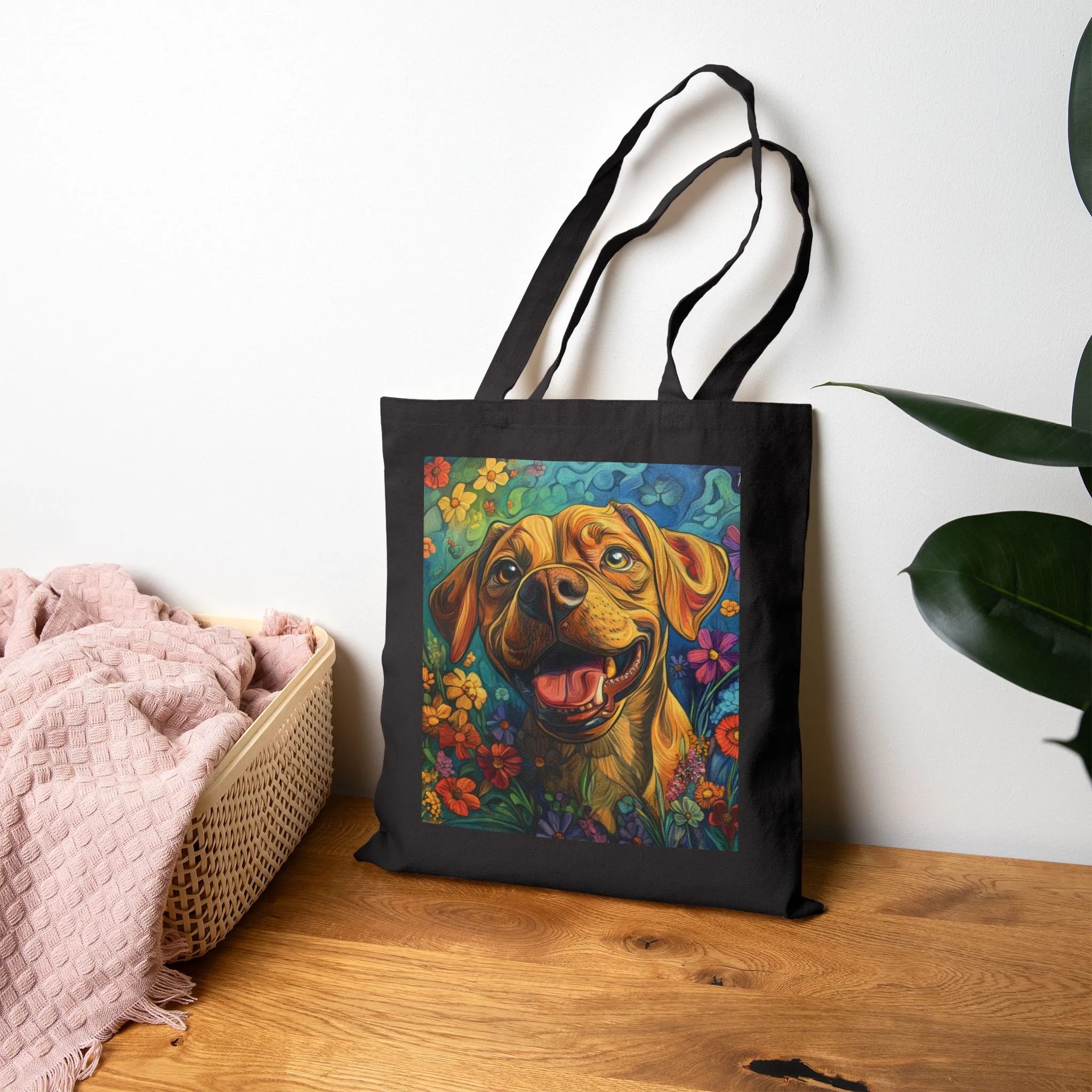 Colorful Dog Art Cotton Canvas Tote Bag, Eco-Friendly Shopping Bag, Pet Lover Gift, Flower Design, Reusable Grocery Tote, Animal Lover - Image 11