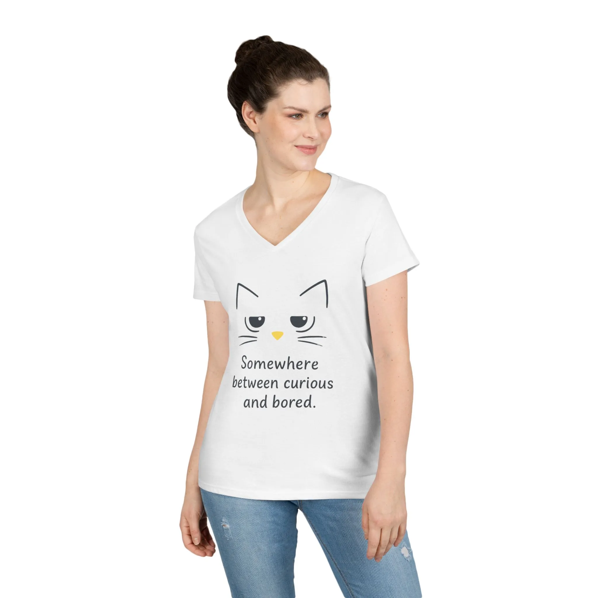 Funny Cat V-Neck T-Shirt - Somewhere Between Curious and Bored, Gift for Cat Lovers, Casual Wear, Birthday Tee, Cute Animal Shirt