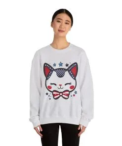 Cute Patriotic Cat Graphic Sweatshirt, Cozy Womens Crewneck, Cat Lover Gift, Fourth of July, Perfect for Holidays and Celebrations