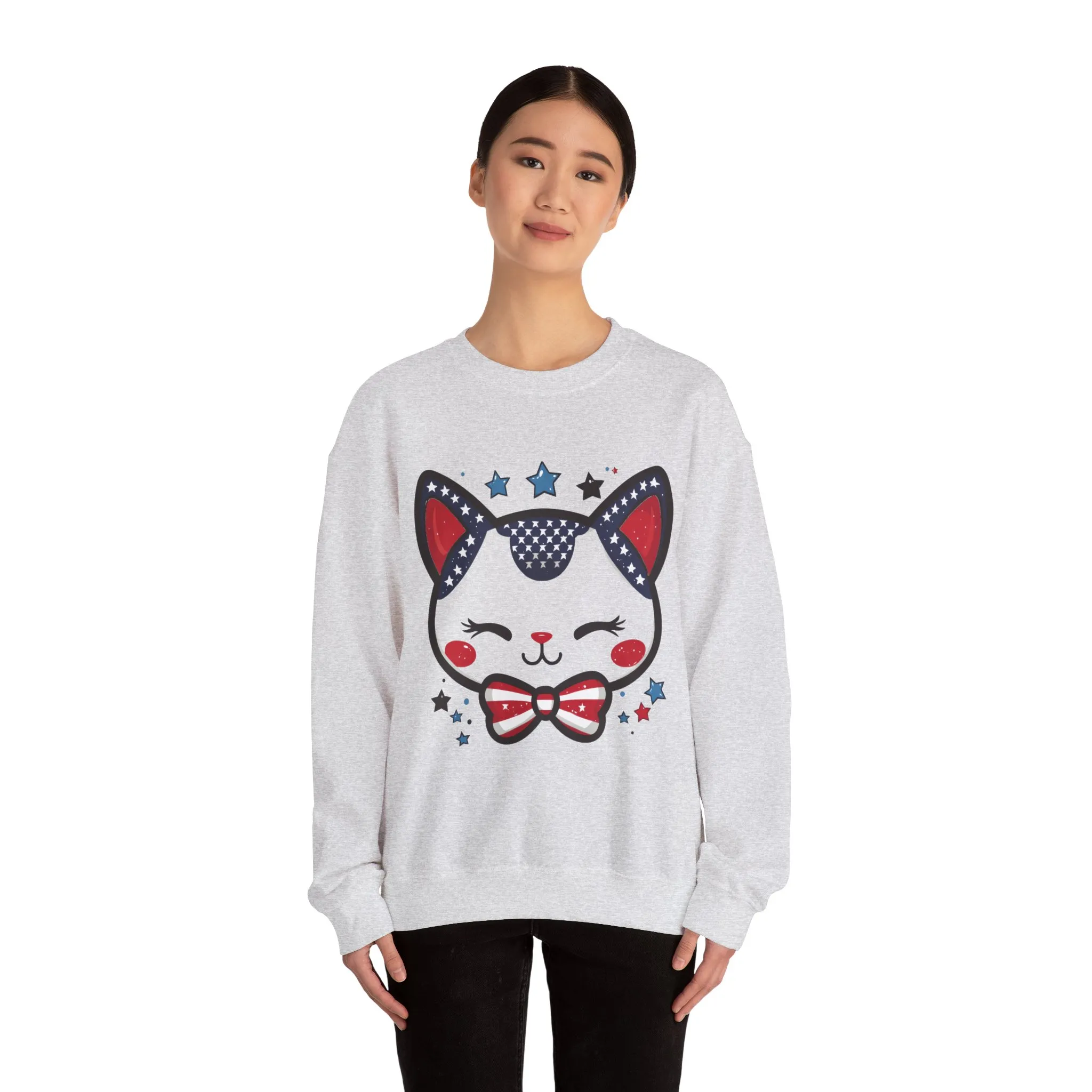 Cute Patriotic Cat Graphic Sweatshirt, Cozy Womens Crewneck, Cat Lover Gift, Fourth of July, Perfect for Holidays and Celebrations