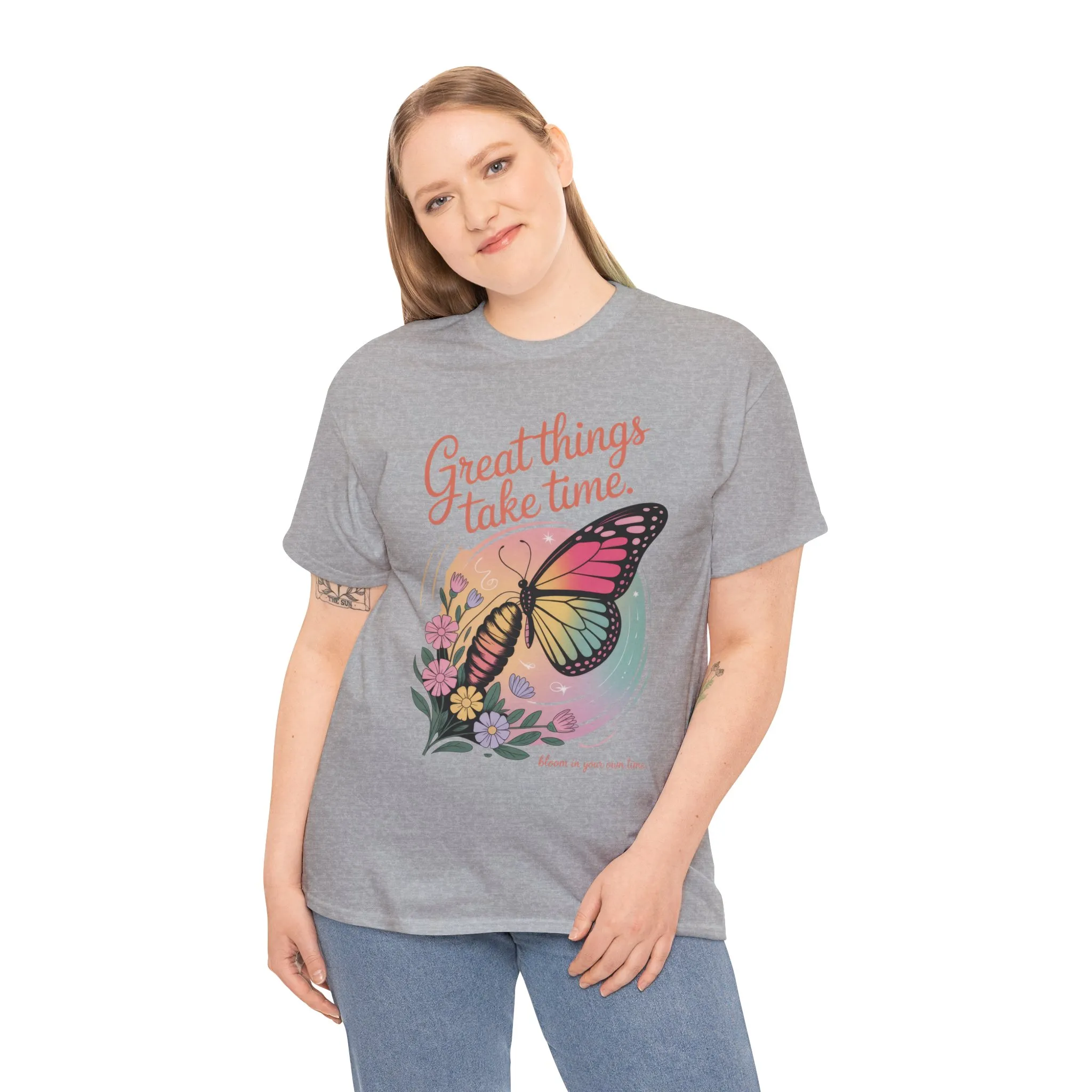 Butterfly Motivational Women's Heavy Cotton Tee, Great Things Take Time Shirt, Gift for Nature Lovers, Inspirational Apparel, Summer Outfit - Image 10