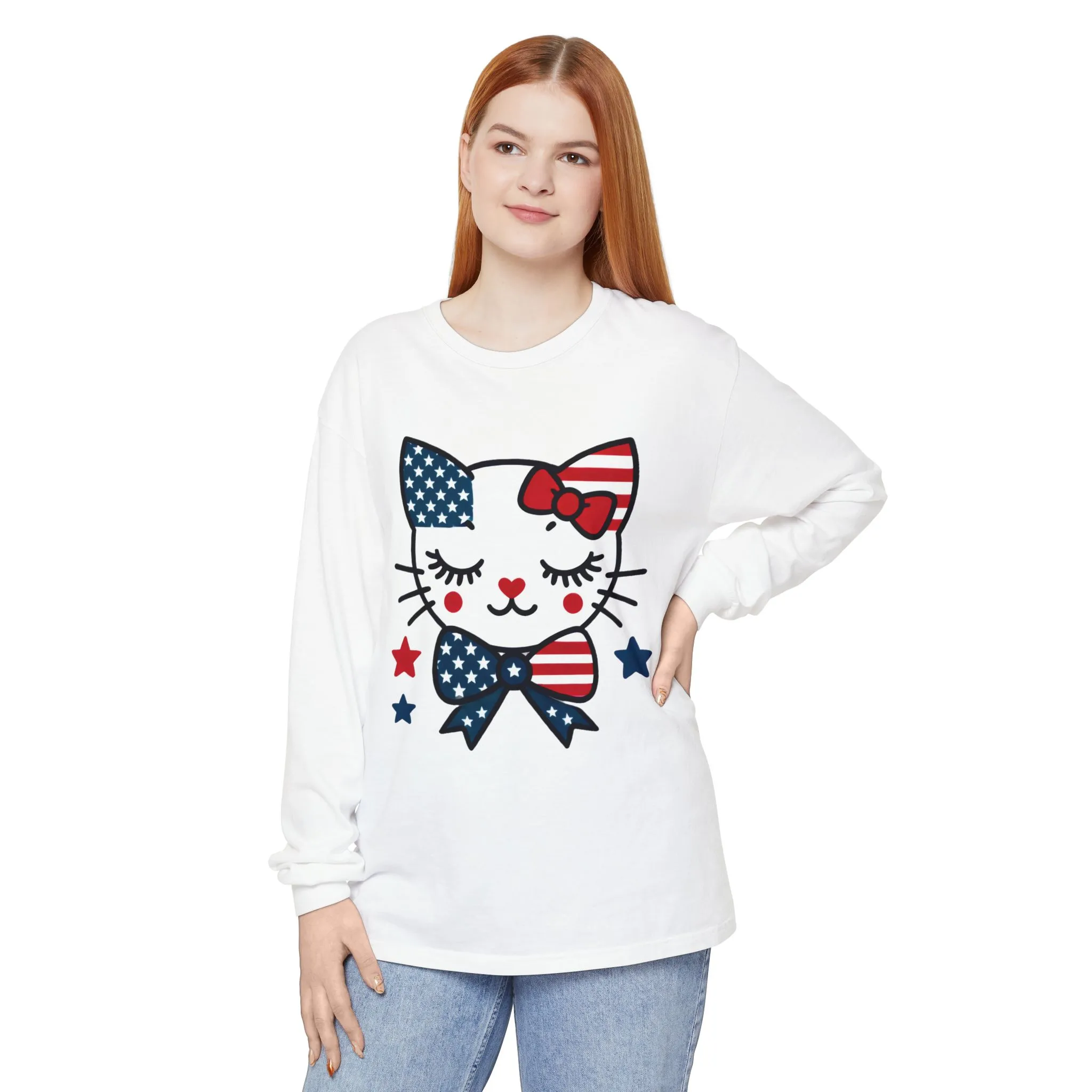 Patriotic Cat Long Sleeve T-Shirt, Womens Tee, Perfect for Fourth of July, Animal Lover Gift, Cozy Casual Wear, Holiday Apparel - Image 4