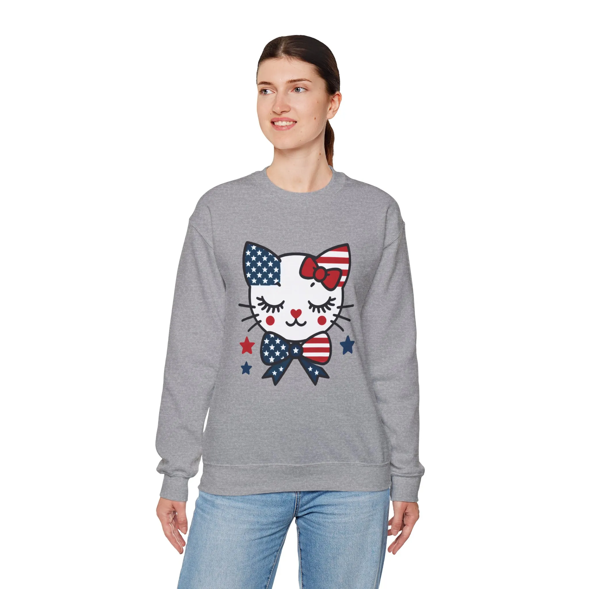 Cute Cat American Flag Sweatshirt, Women's Crewneck, Perfect for 4th of July, Women's Casual Wear, Cat Lovers Gifts - Image 12