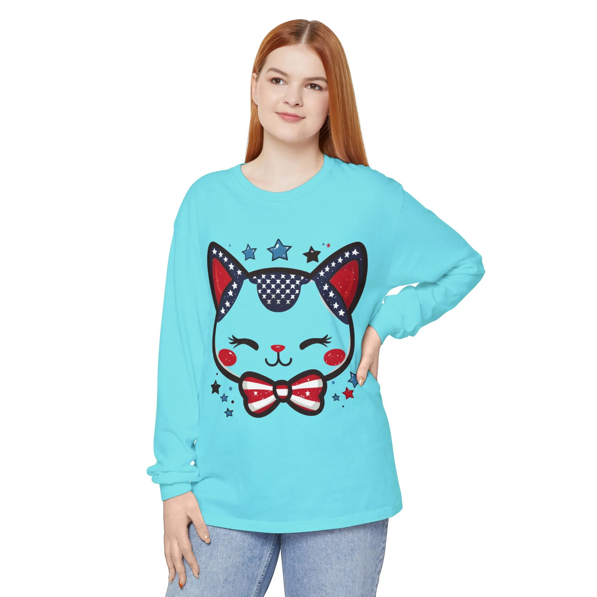Cute Patriotic Cat Long Sleeve Women's T-Shirt, Fourth of July, Cat Lovers Gift, Casual Wear, Perfect for Holidays and Celebrations - Image 7