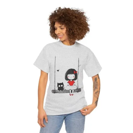 Cute Cat & Girl Graphic Tee, Playful Gift for Cat Lovers, Cat and Girl Design, Gift for Cat Owners, Women's Cotton T-Shirt - Image 5