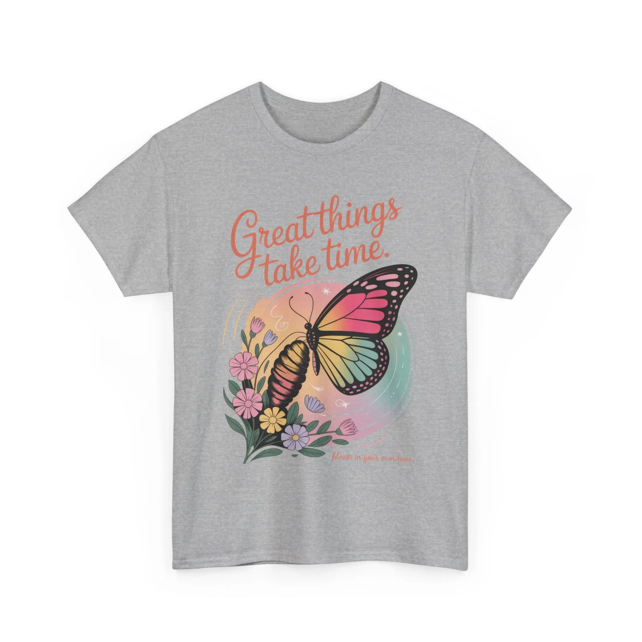 Butterfly Motivational Women's Heavy Cotton Tee, Great Things Take Time Shirt, Gift for Nature Lovers, Inspirational Apparel, Summer Outfit - Image 12