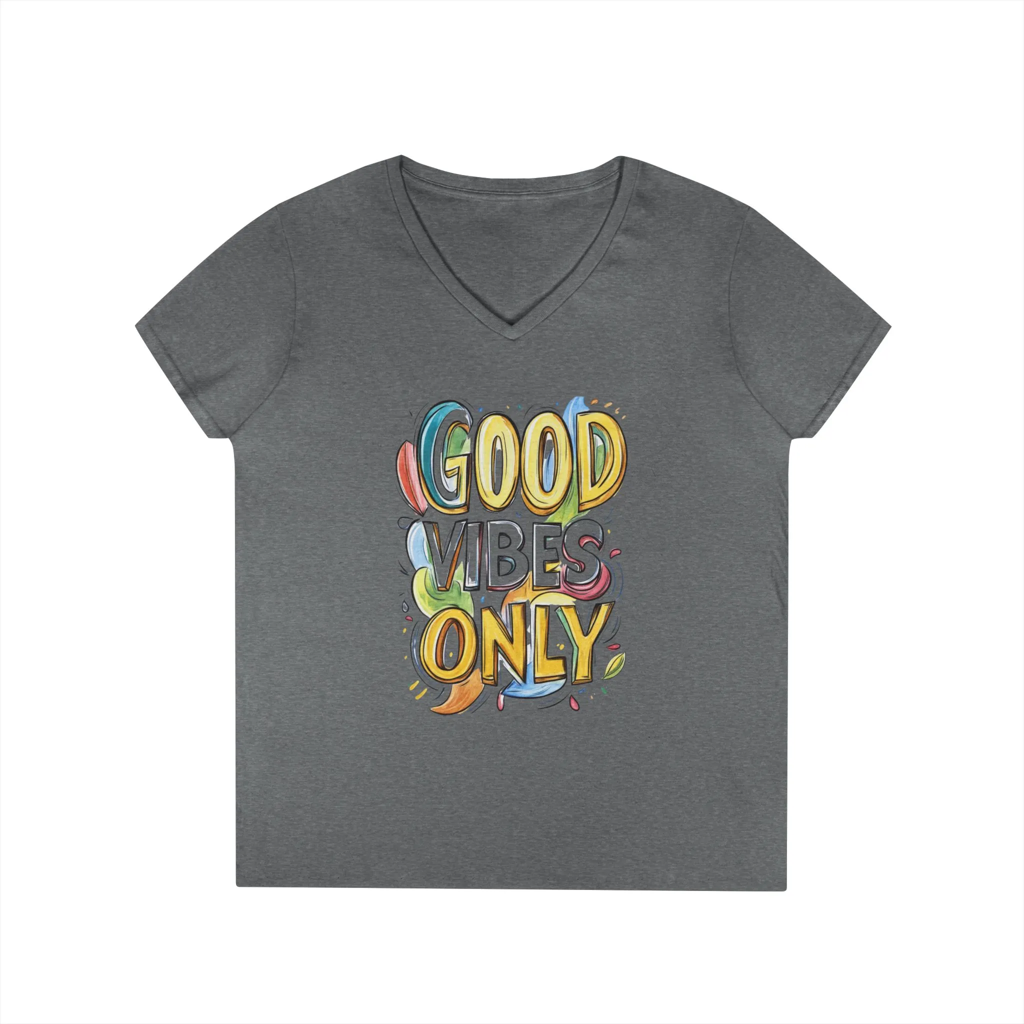 Good Vibes Only Ladies' V-Neck T-Shirt | Positive Message Tee, Casual Wear, Gift for Her, Summer Style, Feel Good Fashion, Positive Energy - Image 6