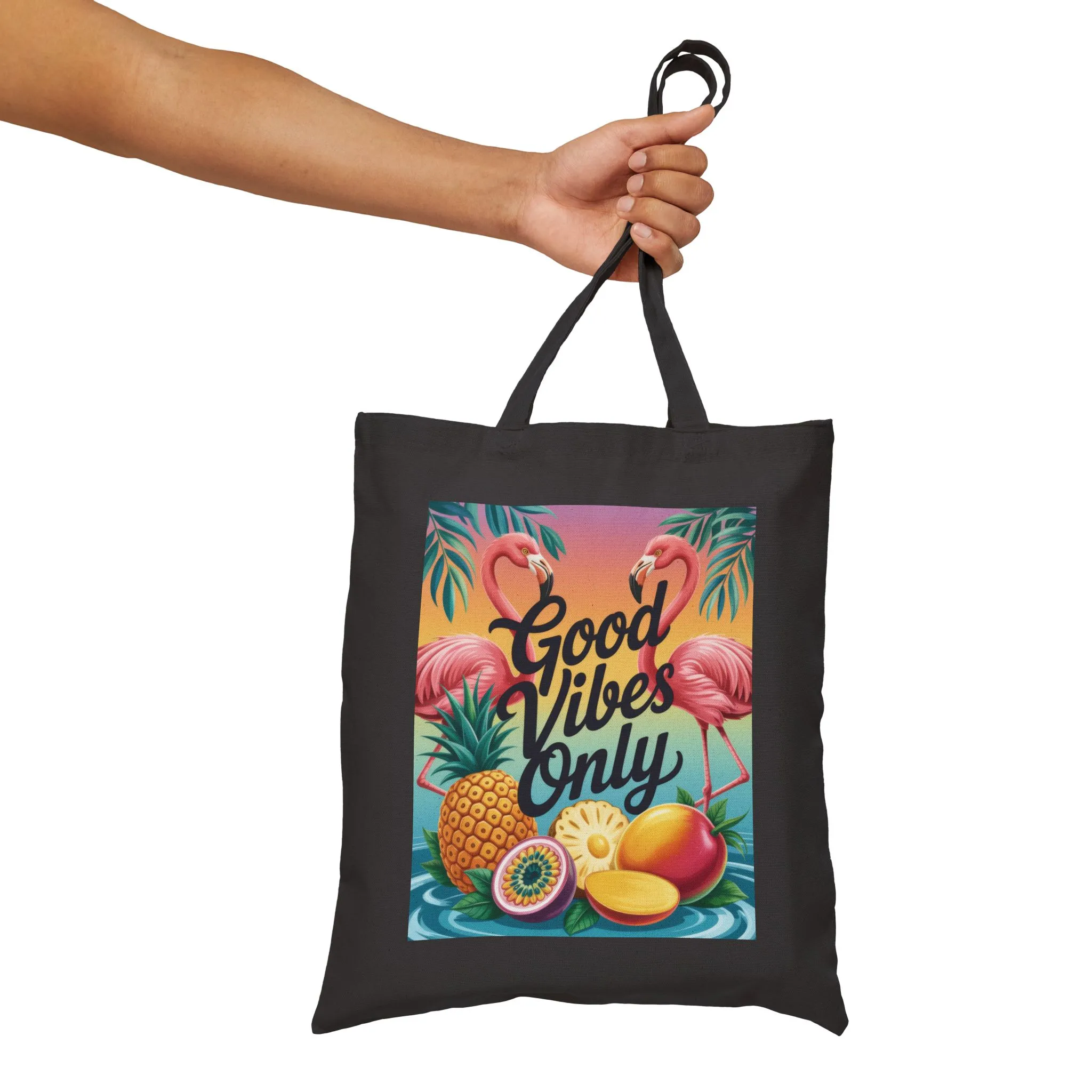 Tote Bag with Tropical Design, Good Vibes Only, Beach Tote, Eco-Friendly Bag, Summer Gift, Grocery Tote, Fun Shopping Bag, Flamingo Pattern - Image 4