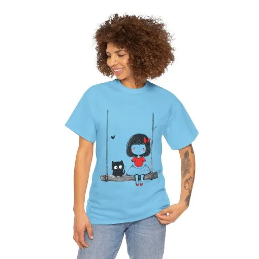 Cute Cat & Girl Graphic Tee, Playful Gift for Cat Lovers, Cat and Girl Design, Gift for Cat Owners, Women's Cotton T-Shirt - Image 13