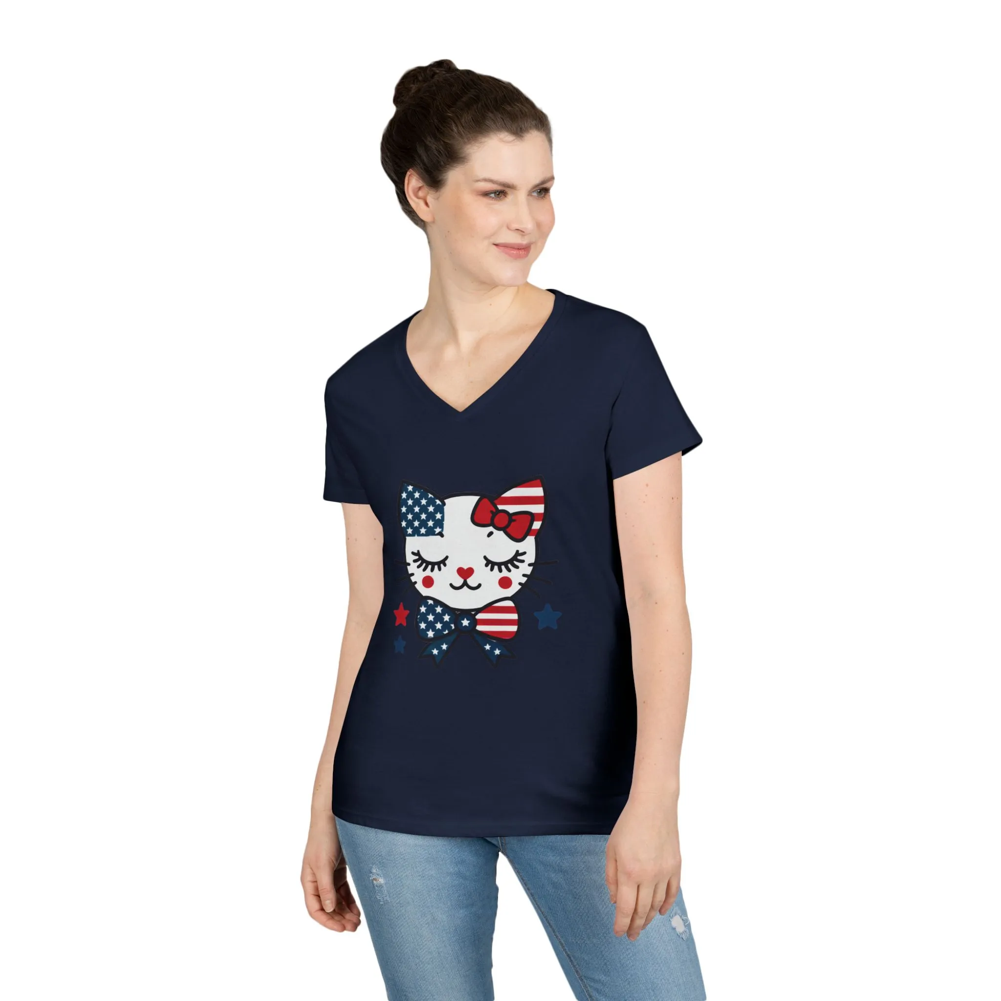 Patriotic Cat Ladies' V-Neck T-Shirt, Cute Tee, July 4th Top, Independence Day Shirt, Gift for Cat Lovers, Casual Summer Wear - Image 18