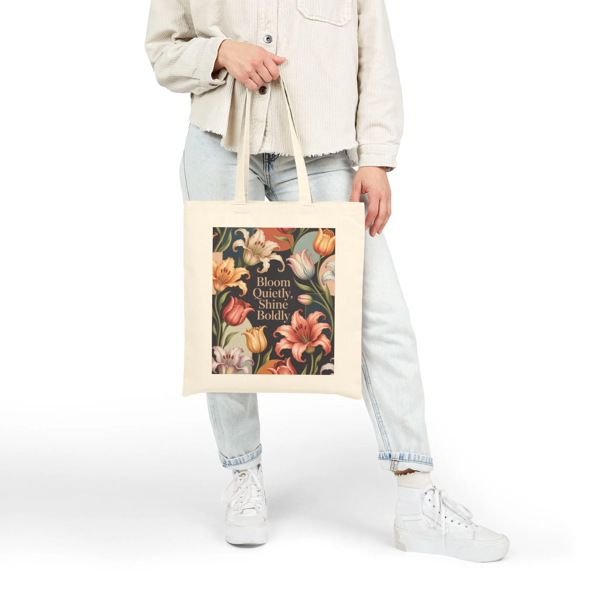 Bloom Quietly, Shine Boldly Tote Bag, Eco-Friendly Grocery Tote, Reusable Market Bag, Floral Patterned Canvas Bag, Gift Idea - Image 8