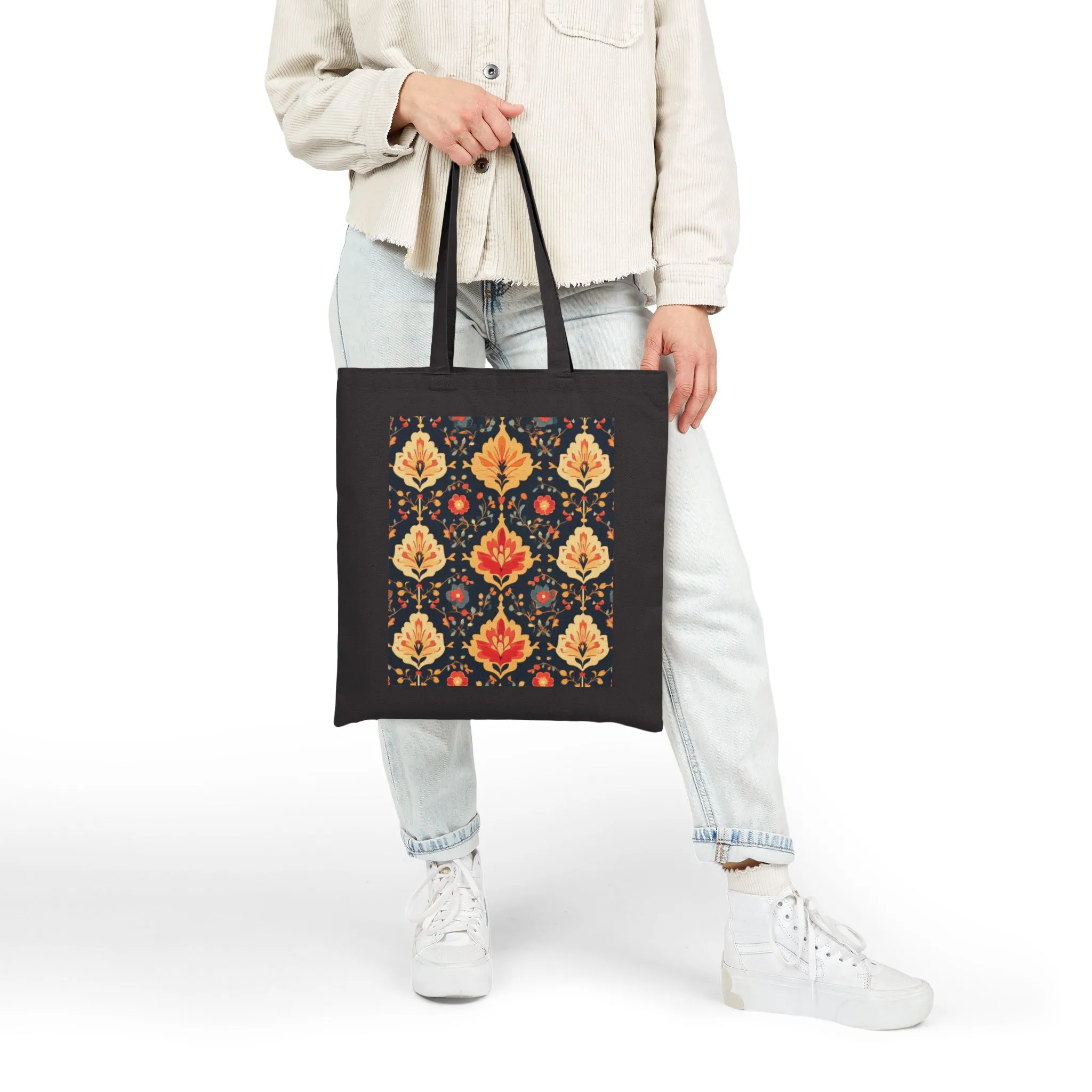 Chic Floral Cotton Canvas Tote Bag, Eco-Friendly Shopping Bag, Gift for Her, Reusable Grocery Tote, Traditional Turkish Carpet Pattern - Image 3