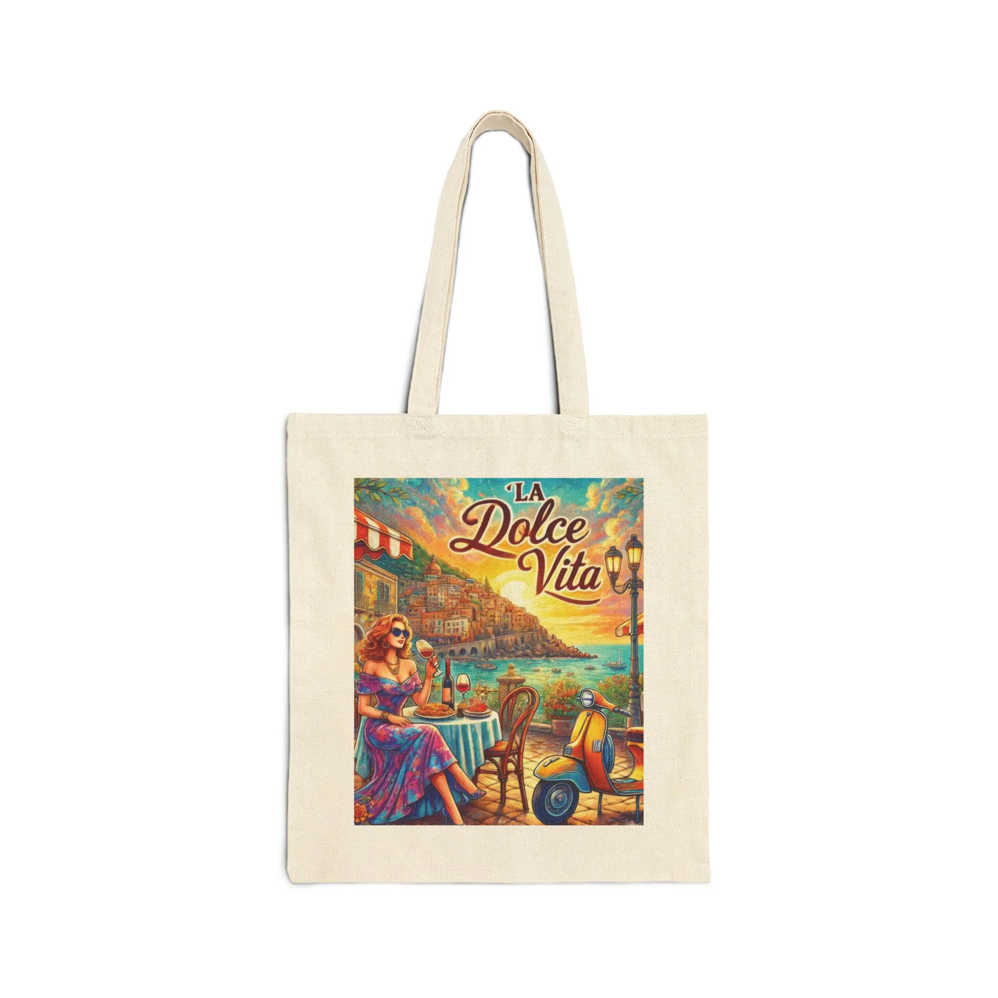 La Dolce Vita Canvas Tote Bag, Summer Beach Bag, Eco-Friendly Shopper, Gift for Her, Vintage Art Tote