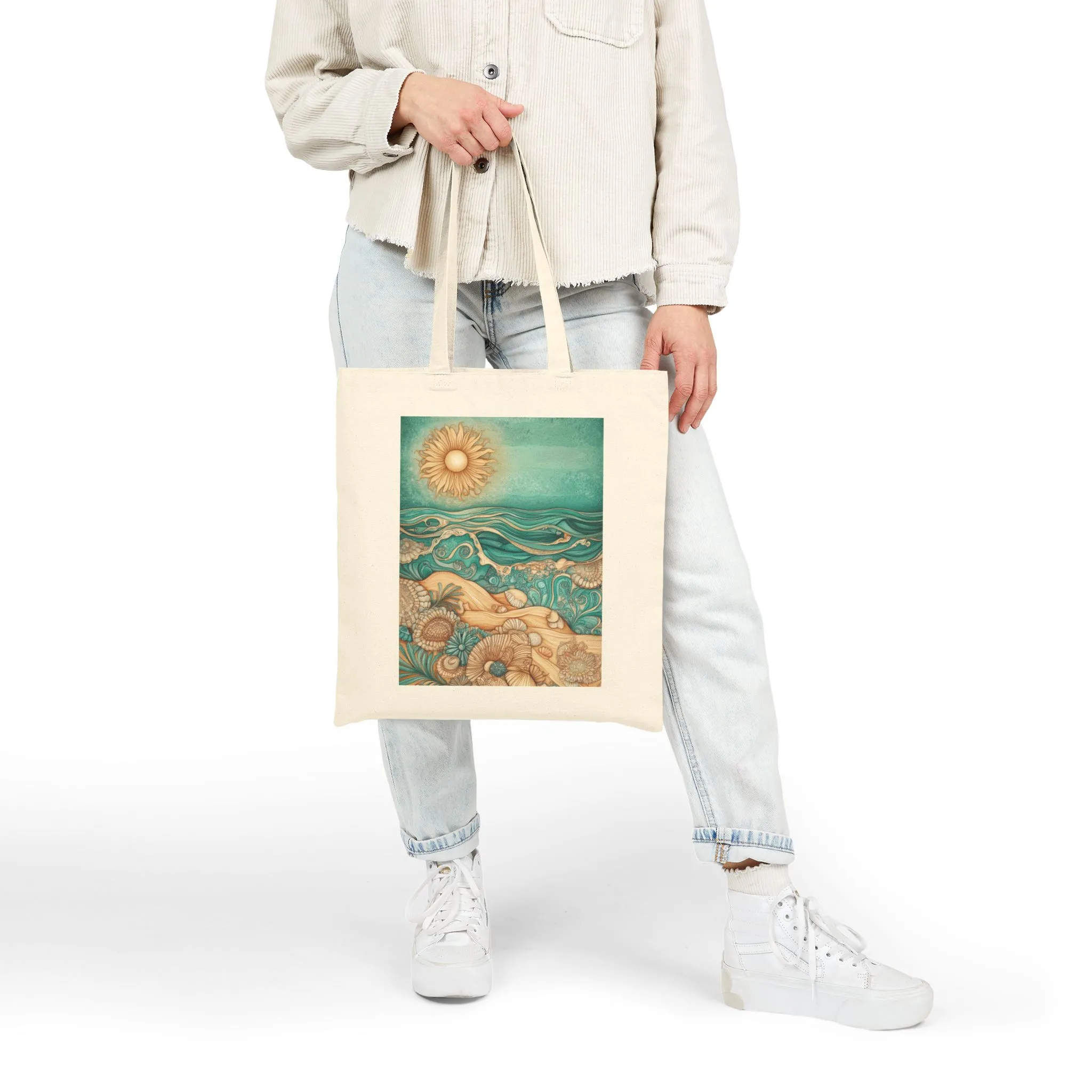 Beach Vibes Cotton Canvas Tote Bag - Sun & Ocean Design