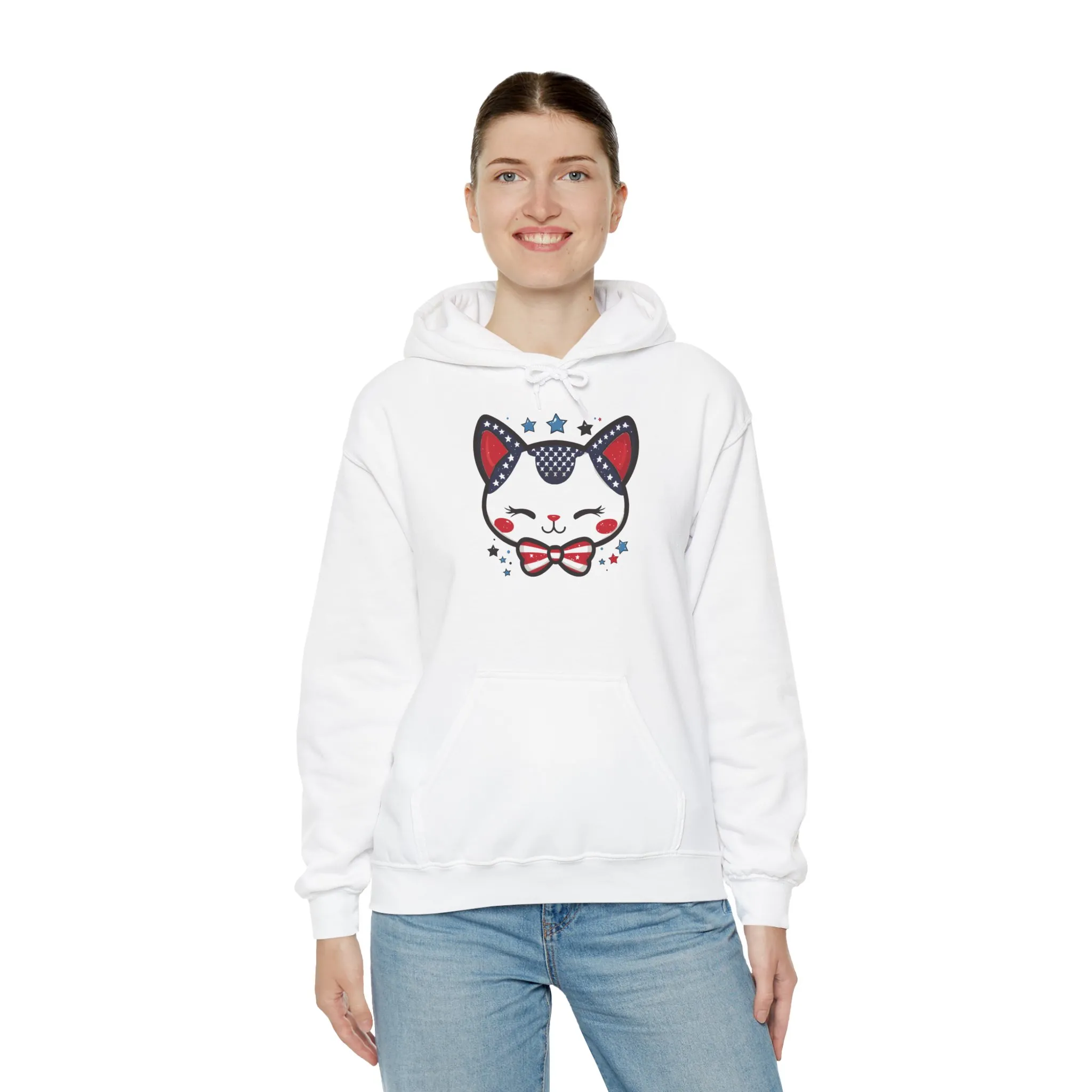 Cute Patriotic Cat -Themed Women's Hoodie, for Cat Lovers, Cute Gift for Pet Owners, Cozy Sweatshirt for All Seasons, Fourth of July Hoodie - Image 8