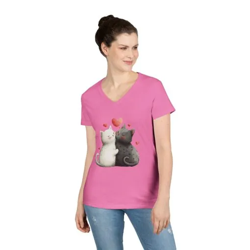 Cute Cat Love V-Neck T-Shirt, Animal Lover Gift, Valentine's Day Shirt, Cat Mom Gift, Cute Graphic Tee - Image 15