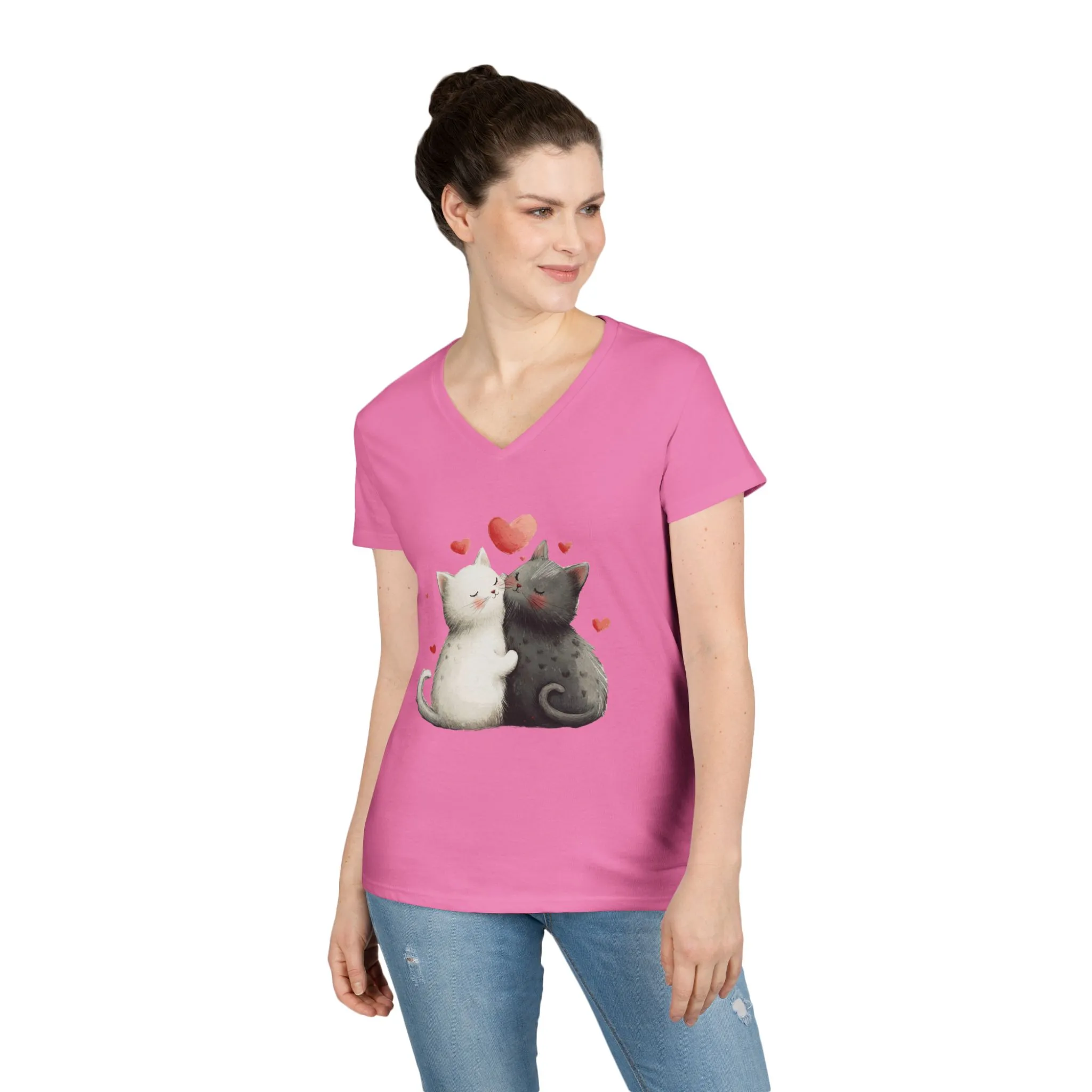 Cute Cat Love V-Neck T-Shirt, Animal Lover Gift, Valentine's Day Shirt, Cat Mom Gift, Cute Graphic Tee - Image 15