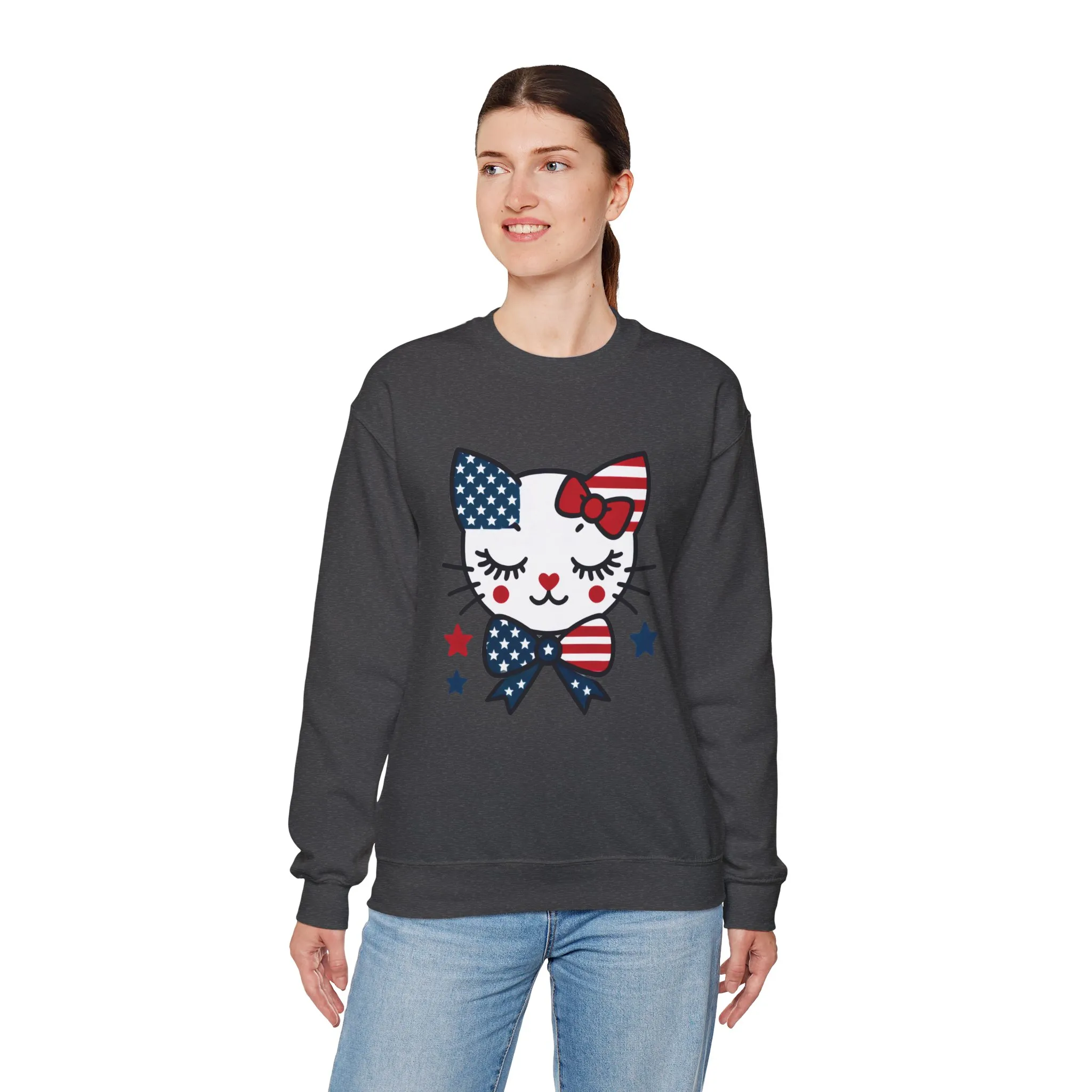 Cute Cat American Flag Sweatshirt, Women's Crewneck, Perfect for 4th of July, Women's Casual Wear, Cat Lovers Gifts - Image 16