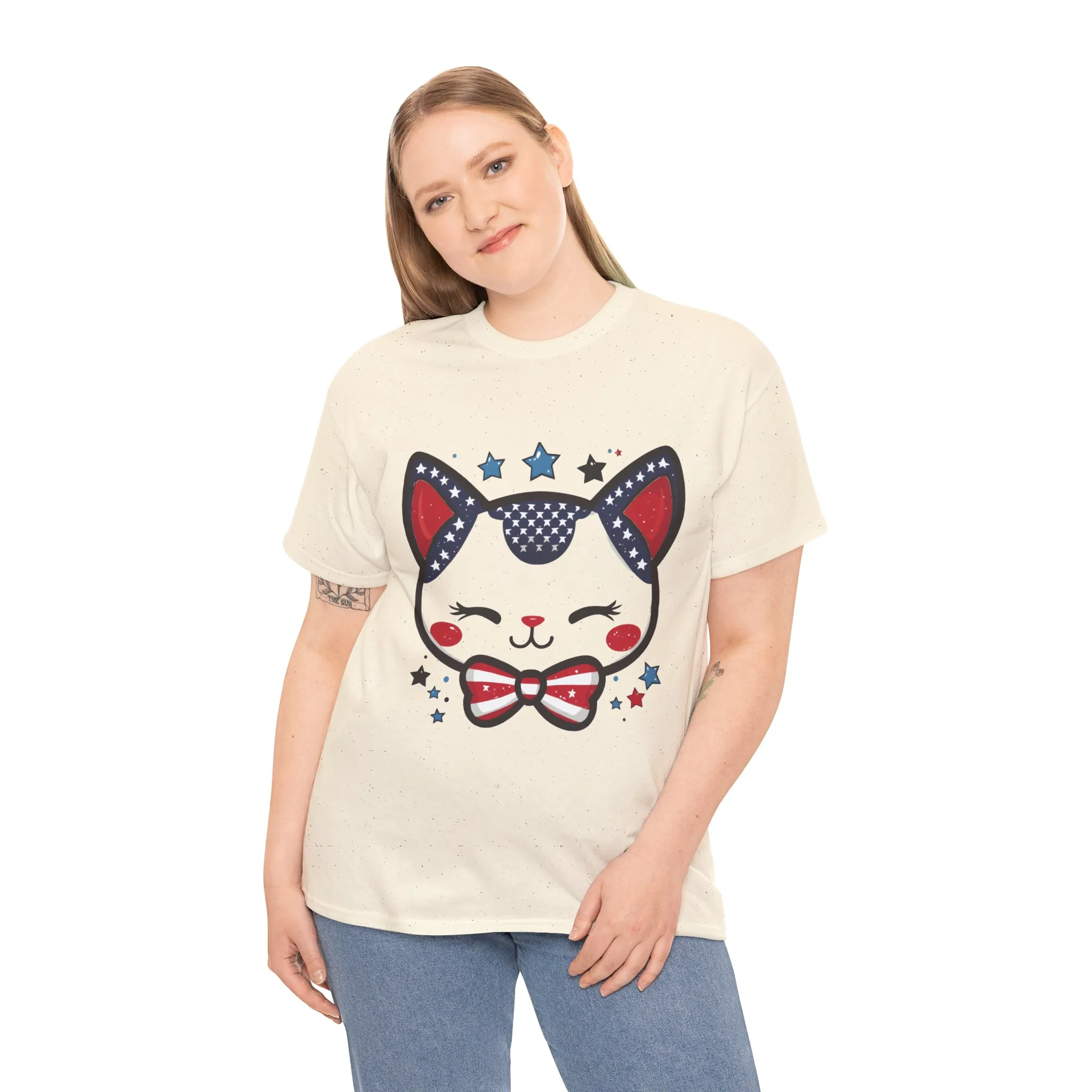 Cute Patriotic Cat Tee, Women's Heavy Cotton Shirt for Cat Lovers, Fourth of July T-Shirt, Fun Gift for Pet Owners, Summer Casual Wear - Image 12