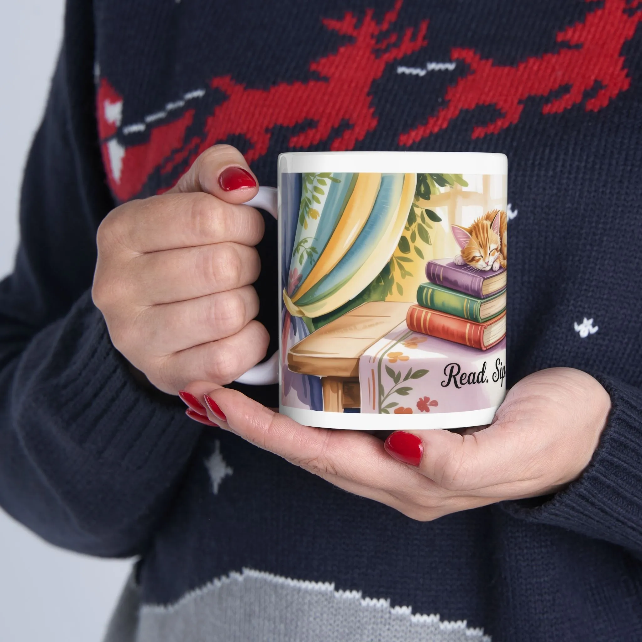 Cozy Cat Lover Mug, Ceramic Coffee Cup for Readers, Gift for Cat Lovers, Relaxing Tea Mug, Perfect for Home & Office, Book Lover Coffee Cup - Image 7
