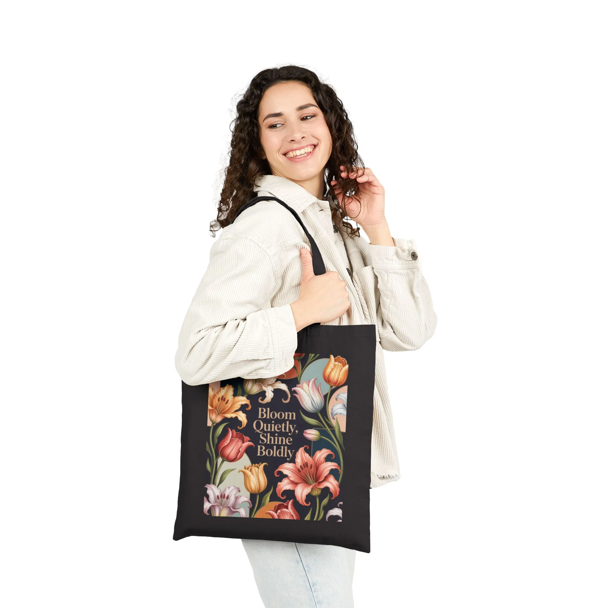 Bloom Quietly, Shine Boldly Tote Bag, Eco-Friendly Grocery Tote, Reusable Market Bag, Floral Patterned Canvas Bag, Gift Idea - Image 3