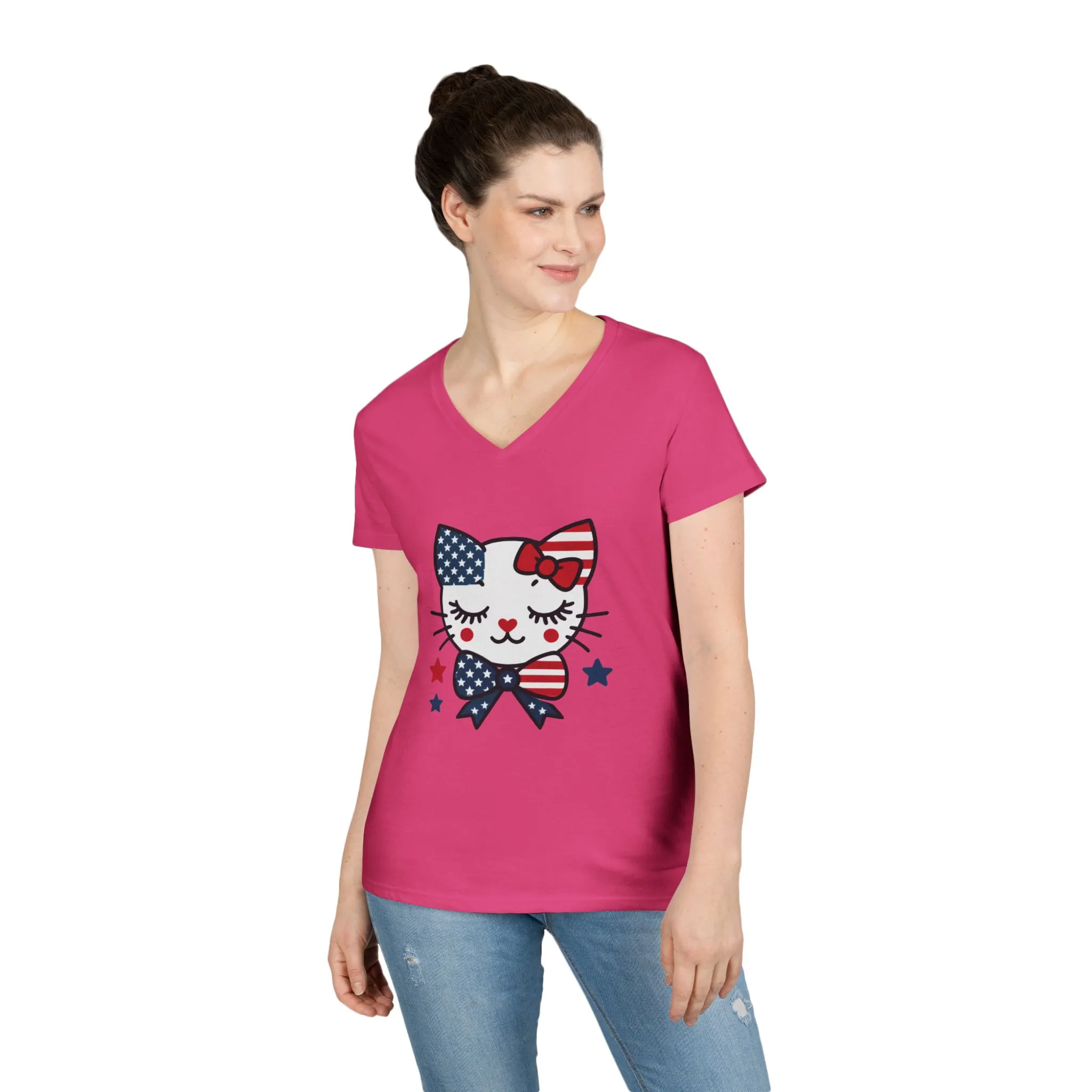 Patriotic Cat Ladies' V-Neck T-Shirt, Cute Tee, July 4th Top, Independence Day Shirt, Gift for Cat Lovers, Casual Summer Wear - Image 27