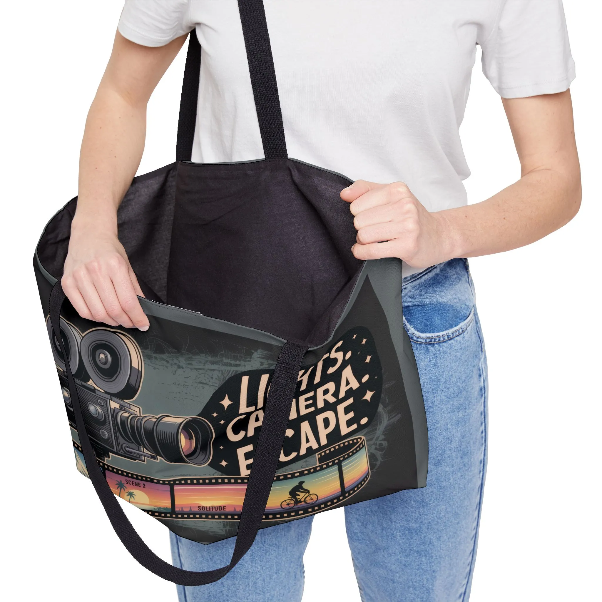 Lights Camera Escape Weekender Tote Bag, Travel Carry-All, Summer Beach Bag, Movie Lover Gift, Weekend Getaway Accessories - Image 2