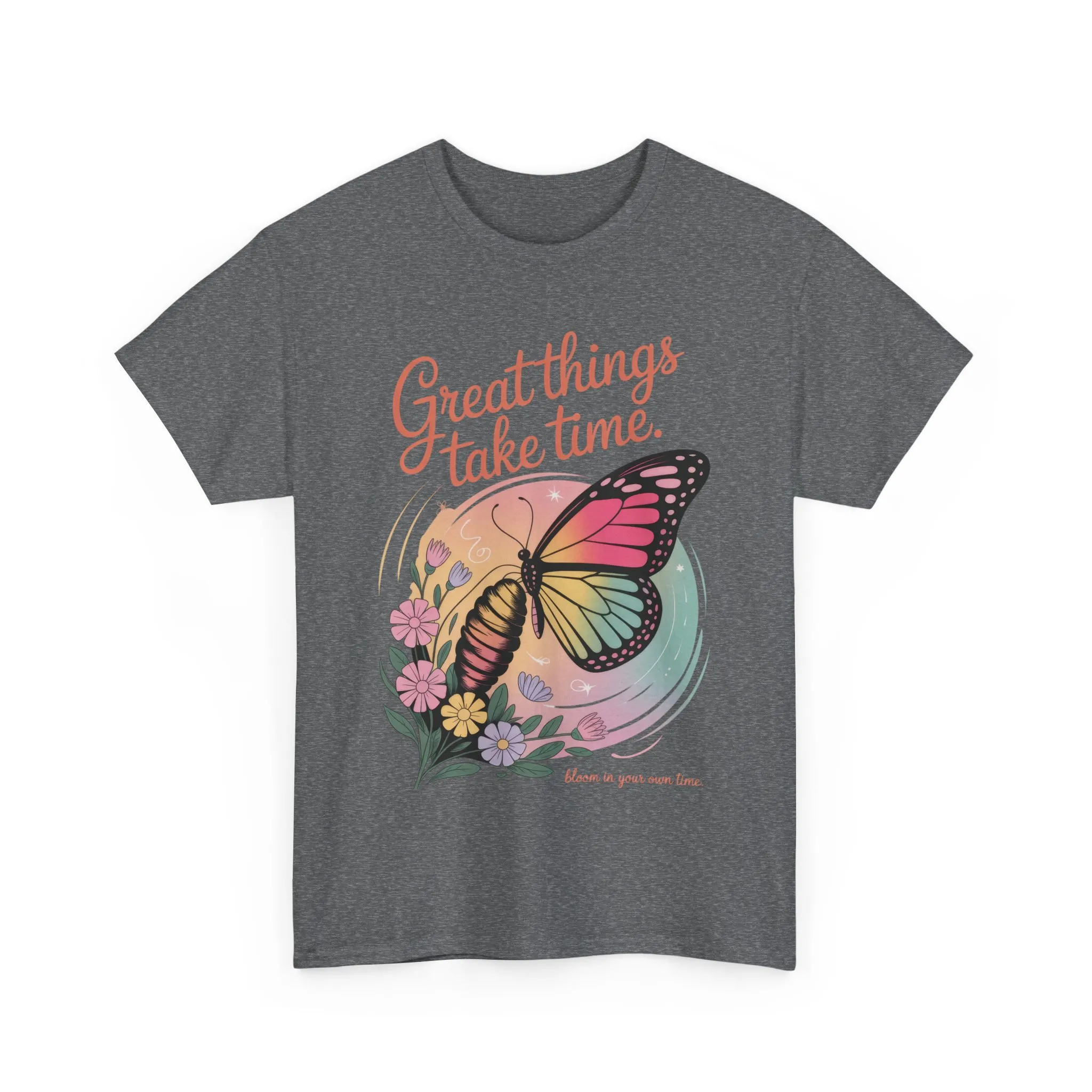 Butterfly Motivational Women's Heavy Cotton Tee, Great Things Take Time Shirt, Gift for Nature Lovers, Inspirational Apparel, Summer Outfit - Image 15
