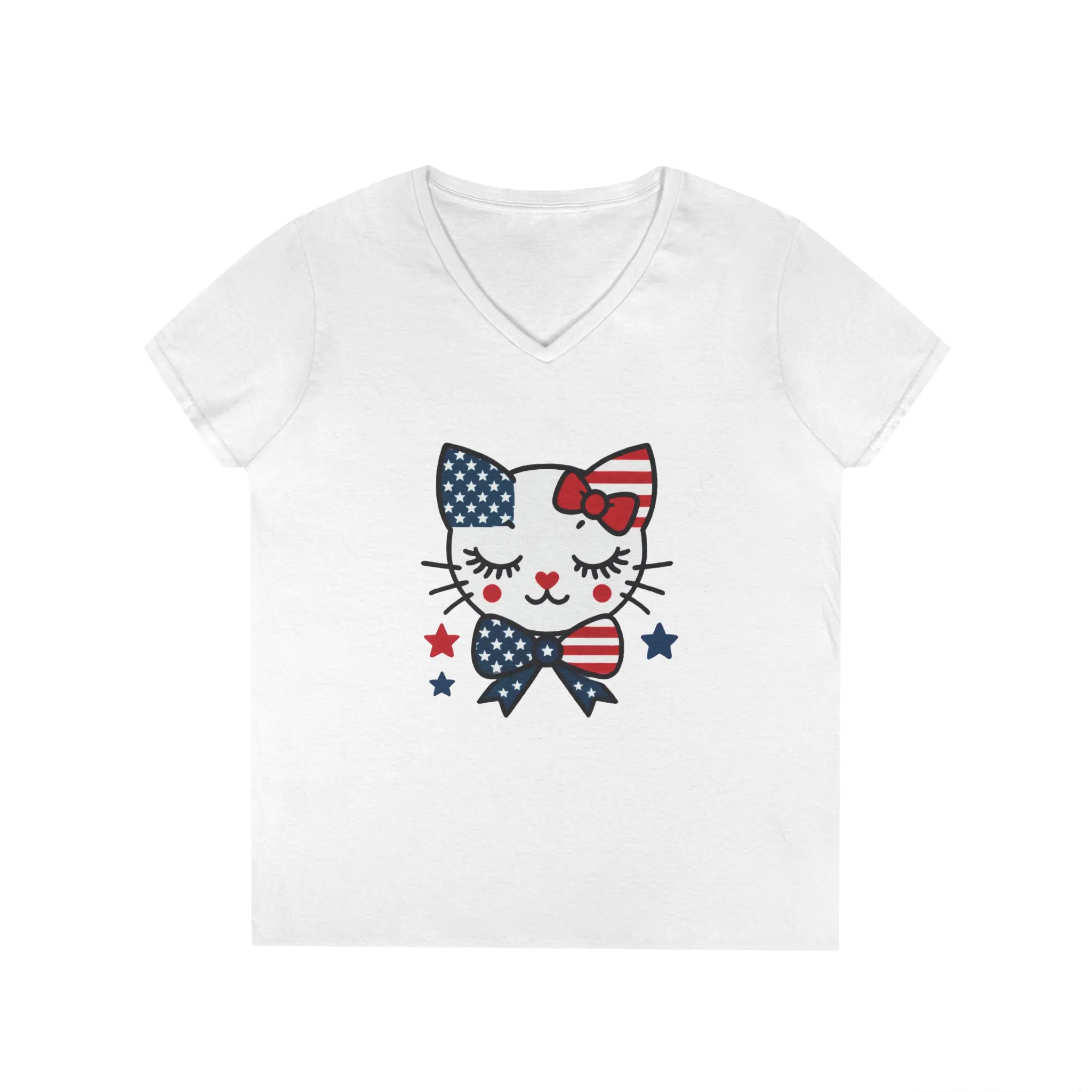 Patriotic Cat Ladies' V-Neck T-Shirt, Cute Tee, July 4th Top, Independence Day Shirt, Gift for Cat Lovers, Casual Summer Wear - Image 4