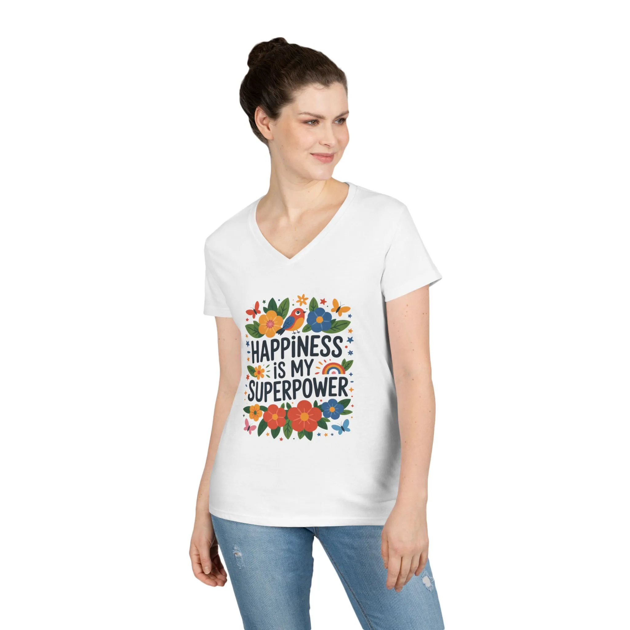 Happiness is My Superpower V-Neck T-Shirt, Floral Motivational Tee, Gift for Her, Positive Quote Shirt, Joyful Statement Tee - Image 3