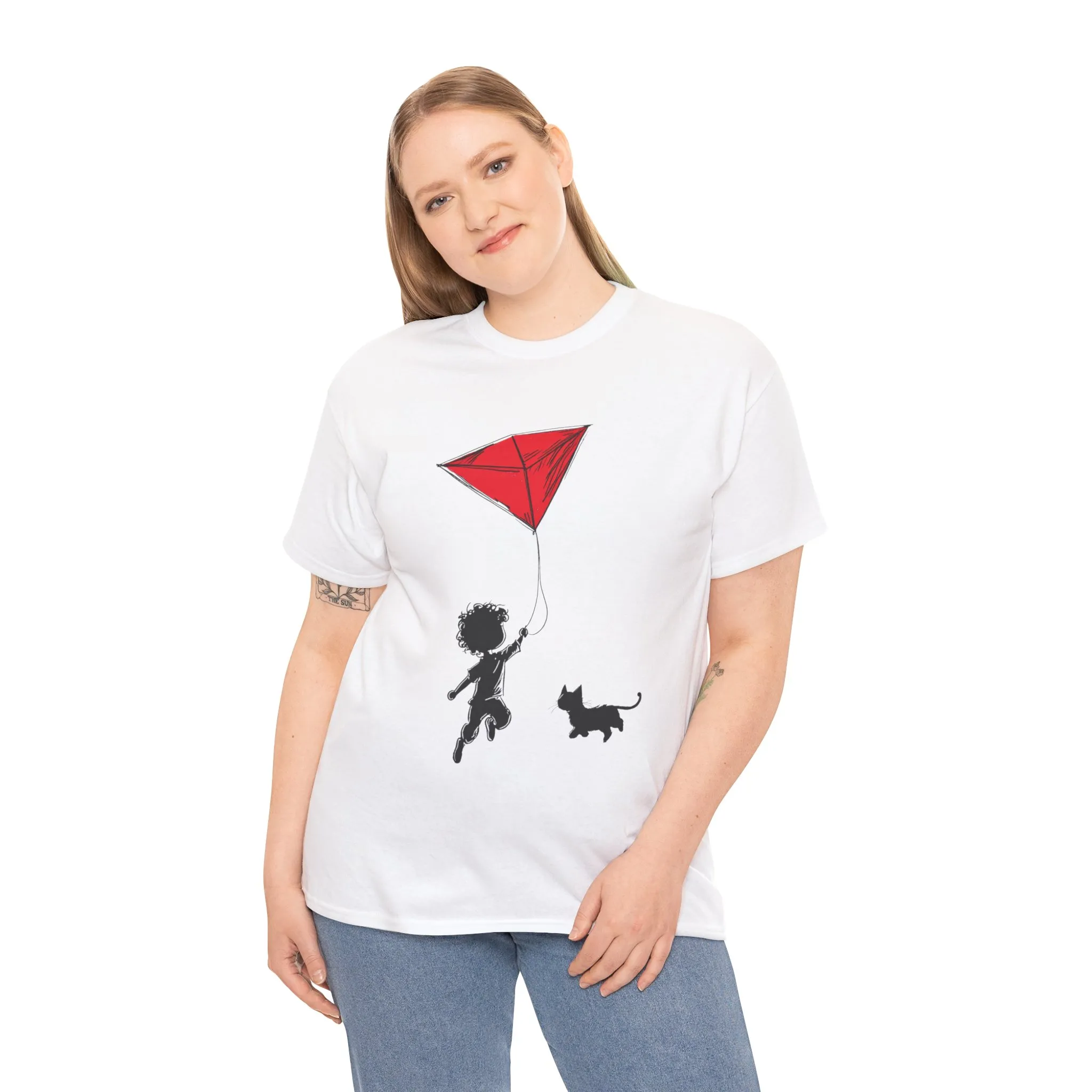 Cute Kid and Cat Design T-Shirt, Playful Gift for Cat Lovers, Summer Style, Cat Lover T-Shirt, Gift for Cat Owners, Women's Cotton T-Shirt - Image 5