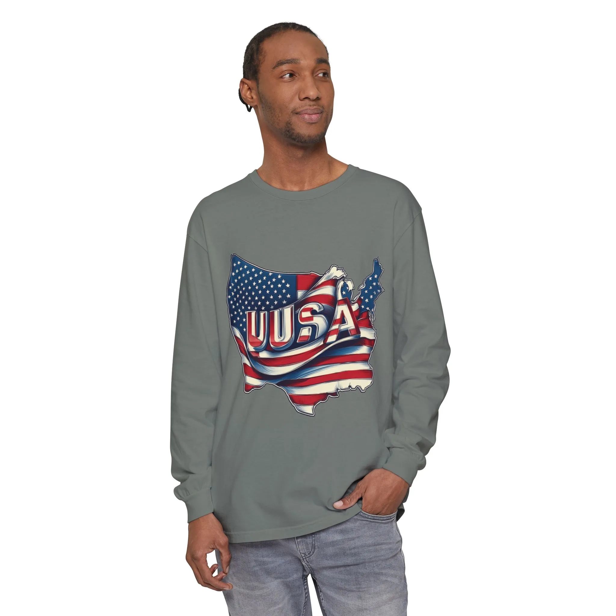 USA Flag Long Sleeve Tee, Unisex Garment-Dyed Shirt, Patriotic Top, All-American Apparel, Independence Day Style, Comfortable Casual Wear - Image 8