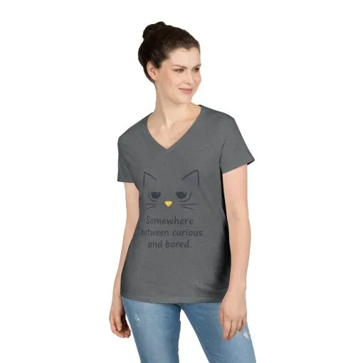 Funny Cat V-Neck T-Shirt - Somewhere Between Curious and Bored, Gift for Cat Lovers, Casual Wear, Birthday Tee, Cute Animal Shirt - Image 7