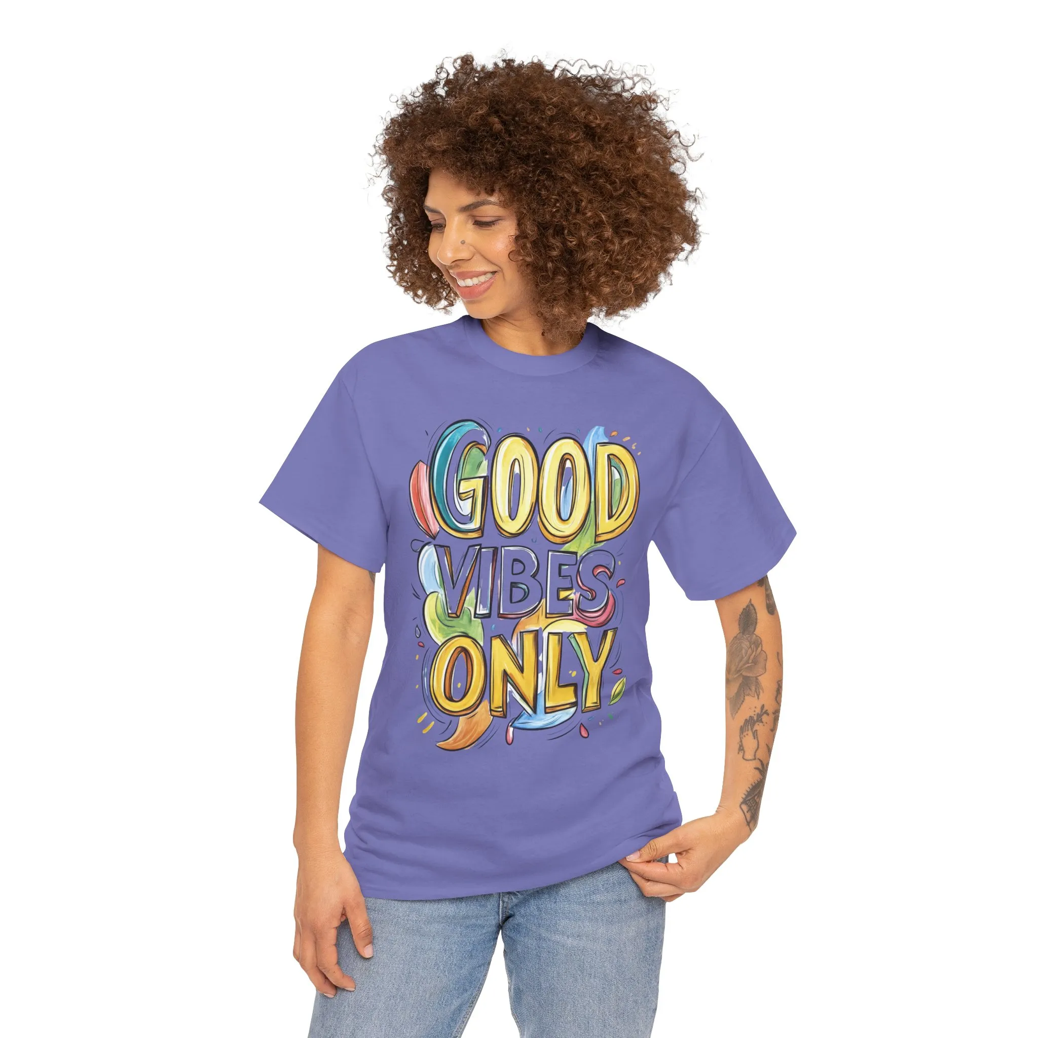 Good Vibes Only Women's Heavy Cotton Tee, Positive Energy Shirt, Graphic T-Shirt, Women's Casual Wear, Gift for Friends, Summer Outfit - Image 2