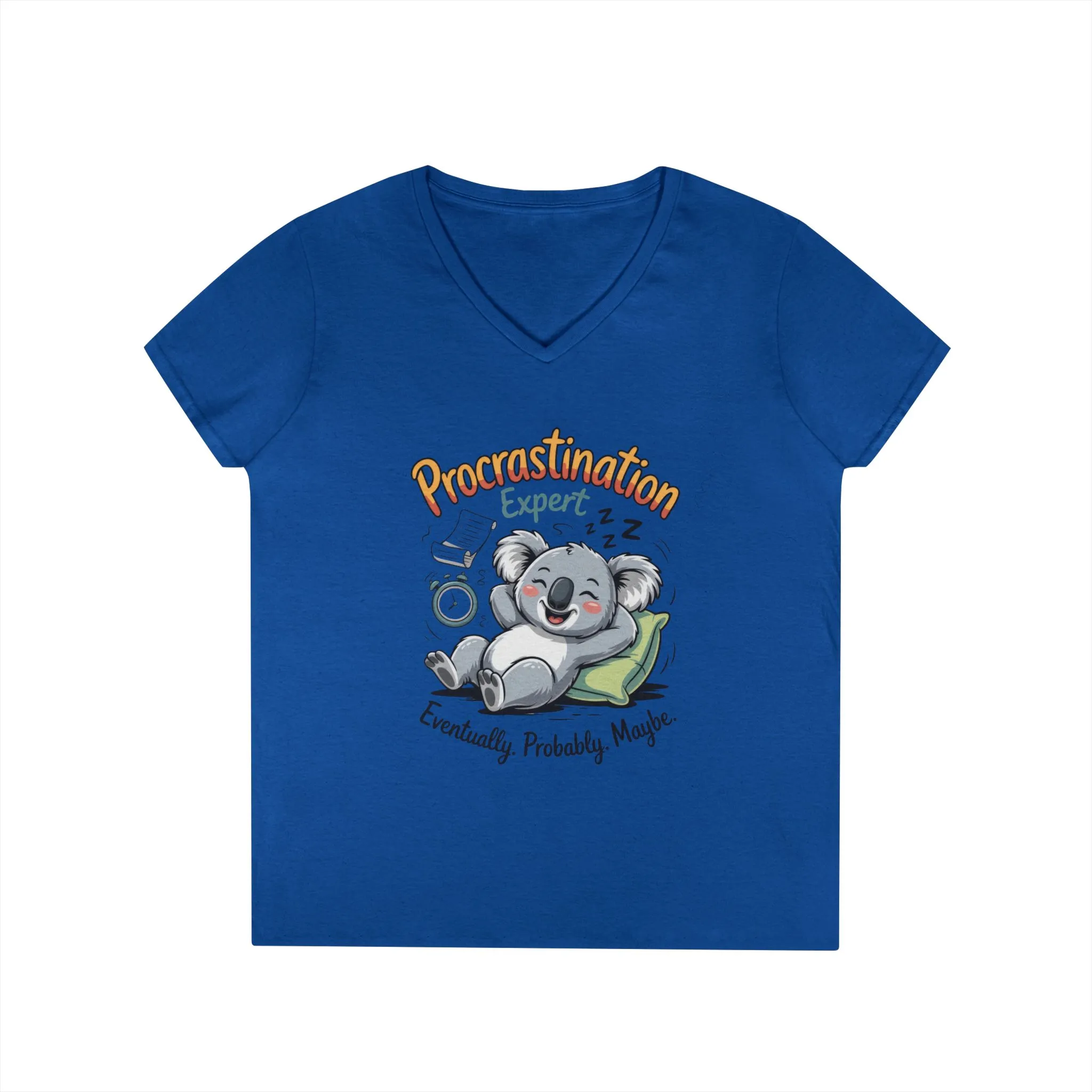 Procrastination Expert Ladies' V-Neck T-Shirt, Fun Tee for Lazy Days, Gift for Students, Casual Wear, Motivational Shirt, Cute Koala Design - Image 2