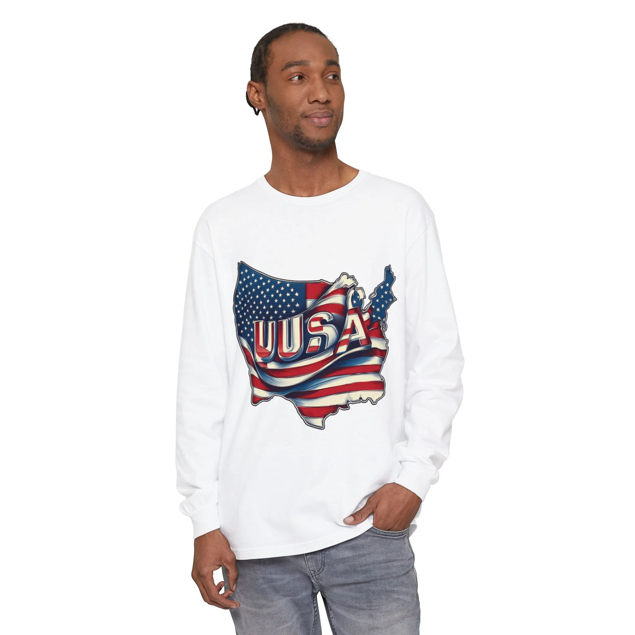 USA Flag Long Sleeve Tee, Unisex Garment-Dyed Shirt, Patriotic Top, All-American Apparel, Independence Day Style, Comfortable Casual Wear - Image 5