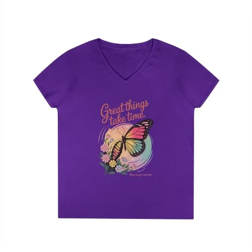 Inspiring Ladies' V-Neck T-Shirt, Great Things Take Time Butterfly Design, Relaxation, Motivation, Nature, Motivational Women's Tee - Image 17