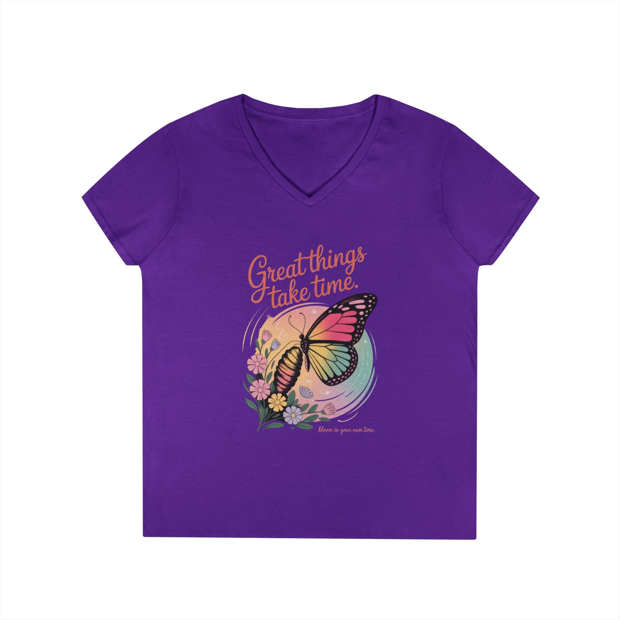Inspiring Ladies' V-Neck T-Shirt, Great Things Take Time Butterfly Design, Relaxation, Motivation, Nature, Motivational Women's Tee - Image 17
