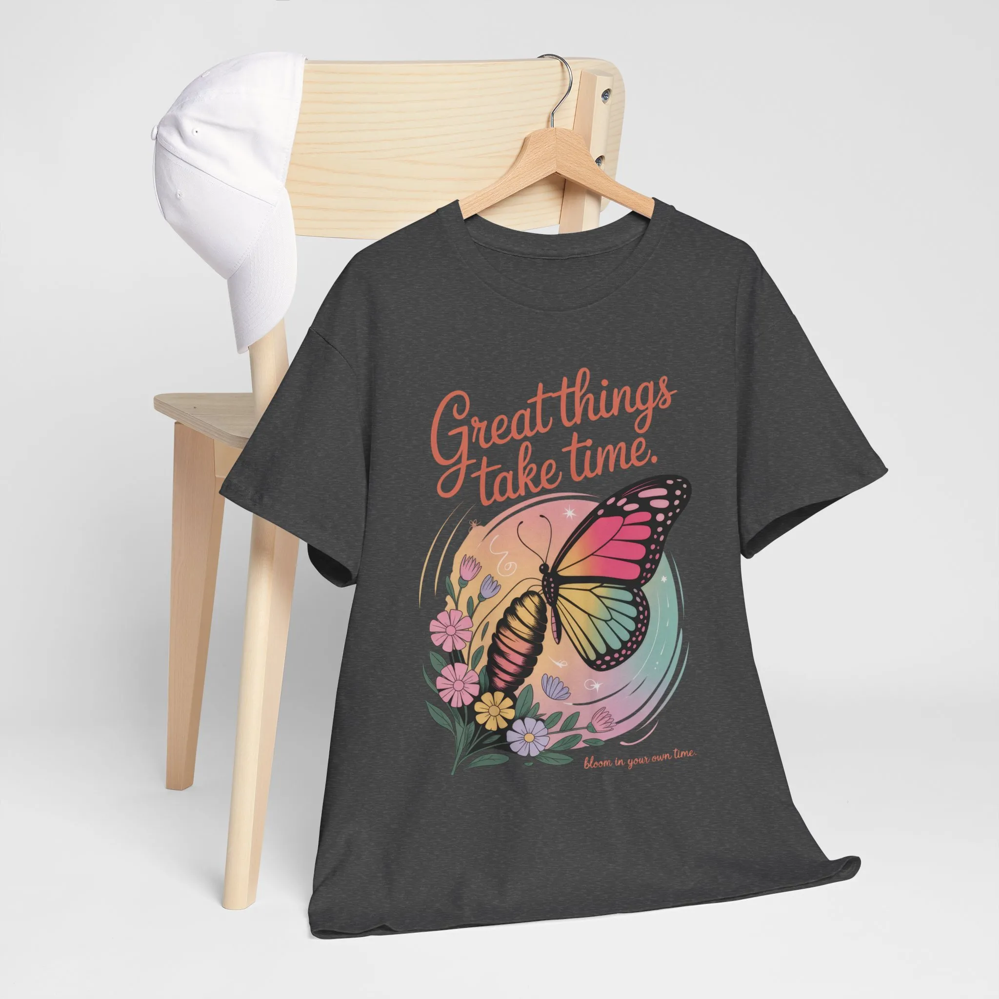 Butterfly Motivational Women's Heavy Cotton Tee, Great Things Take Time Shirt, Gift for Nature Lovers, Inspirational Apparel, Summer Outfit - Image 18