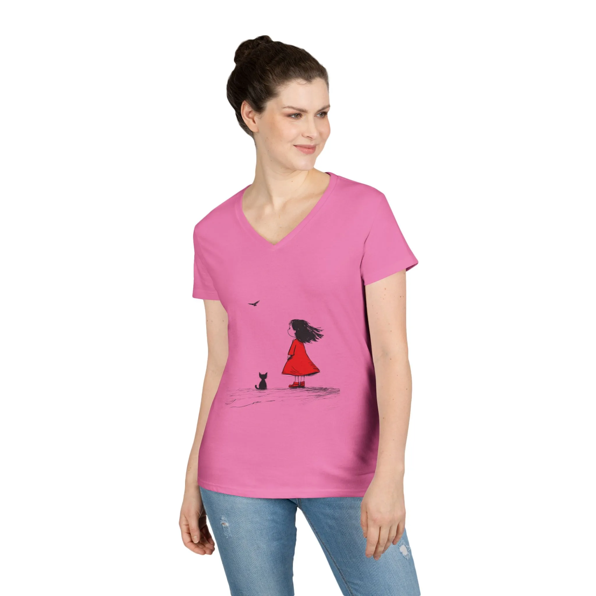 Whimsical V-Neck T-Shirt for Dreamers, Cute Graphic Tee, Animal Lovers Shirt, Stylish Casual Wear, Gifts for Her, Cat Lover T-Shirt - Image 6