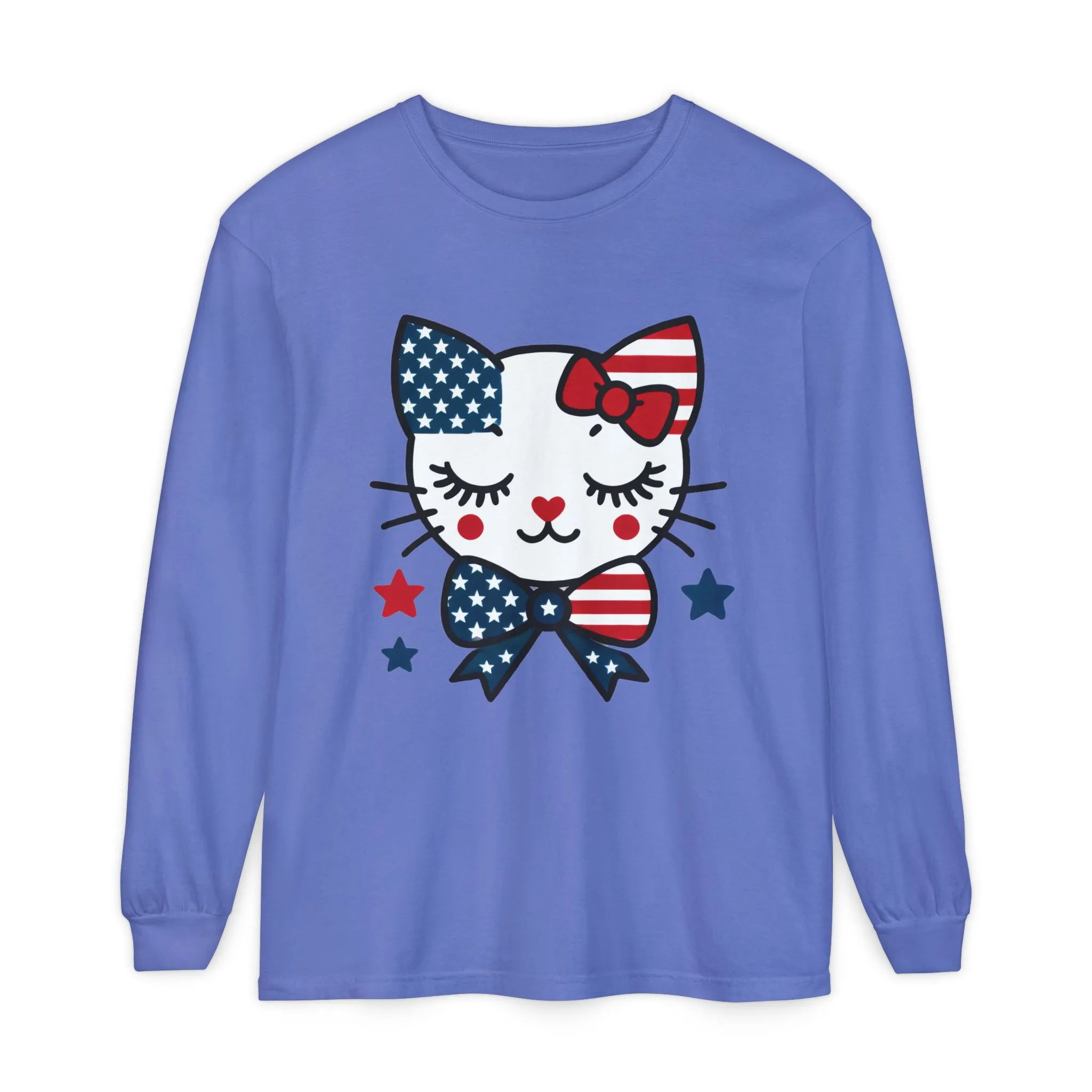 Patriotic Cat Long Sleeve T-Shirt, Womens Tee, Perfect for Fourth of July, Animal Lover Gift, Cozy Casual Wear, Holiday Apparel - Image 2